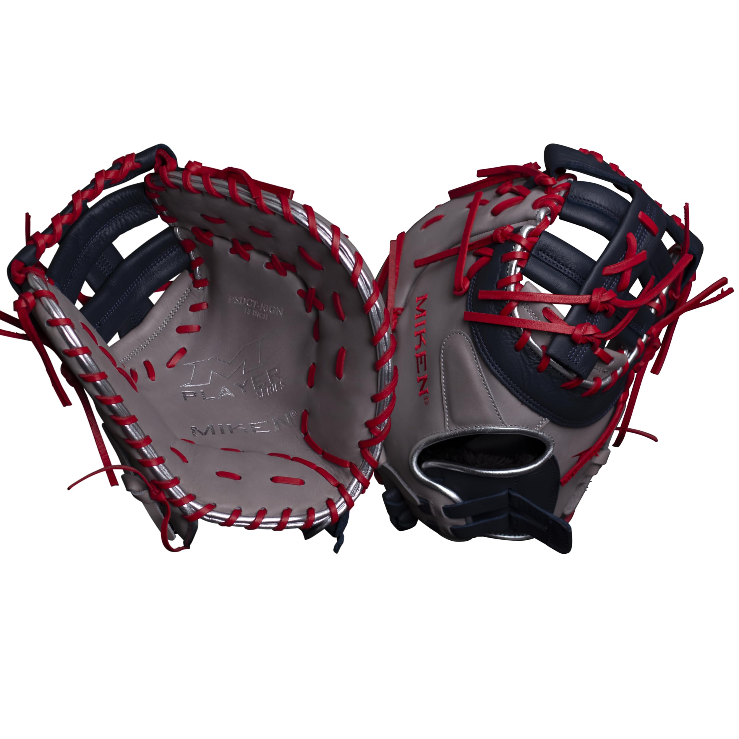 Miken | Player Series Fastpitch Softball Glove | First Base Mitt | RHT | Grey/Navy/Red