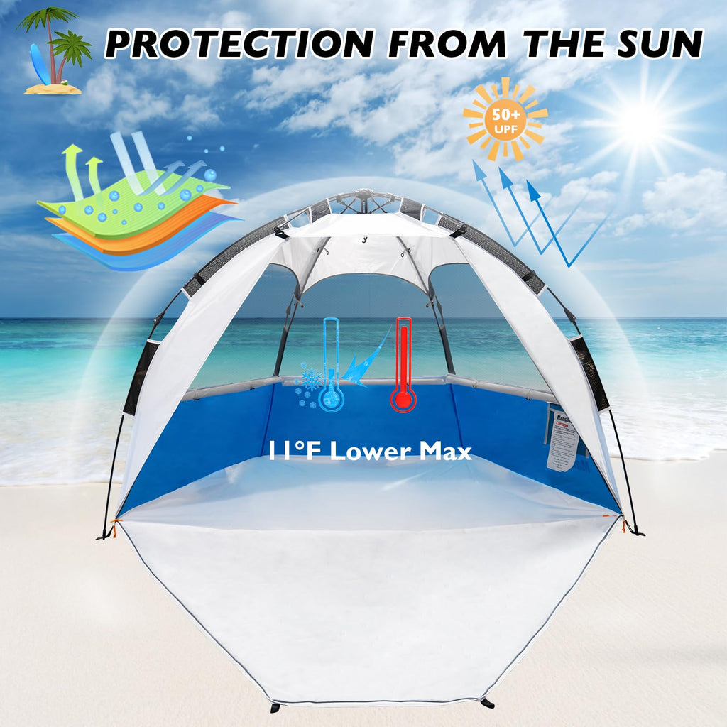 Mansader Easy Pop Up Beach Tent For 3-4 People, Automatic Setup Beach Shelter With Upf 50+ And 3 Ventilation Windows, Portable S
