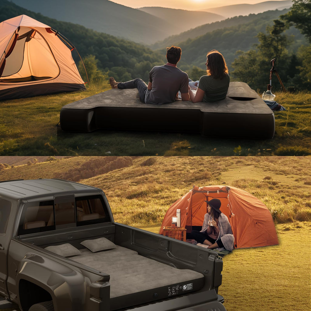 Uncle Elk Truck Bed Mattress 5.5-5.8Ft: Inflatable Air Mattress For Camping Short Truck Bed 2 Person, Air Pump 2 Pillows, Carry