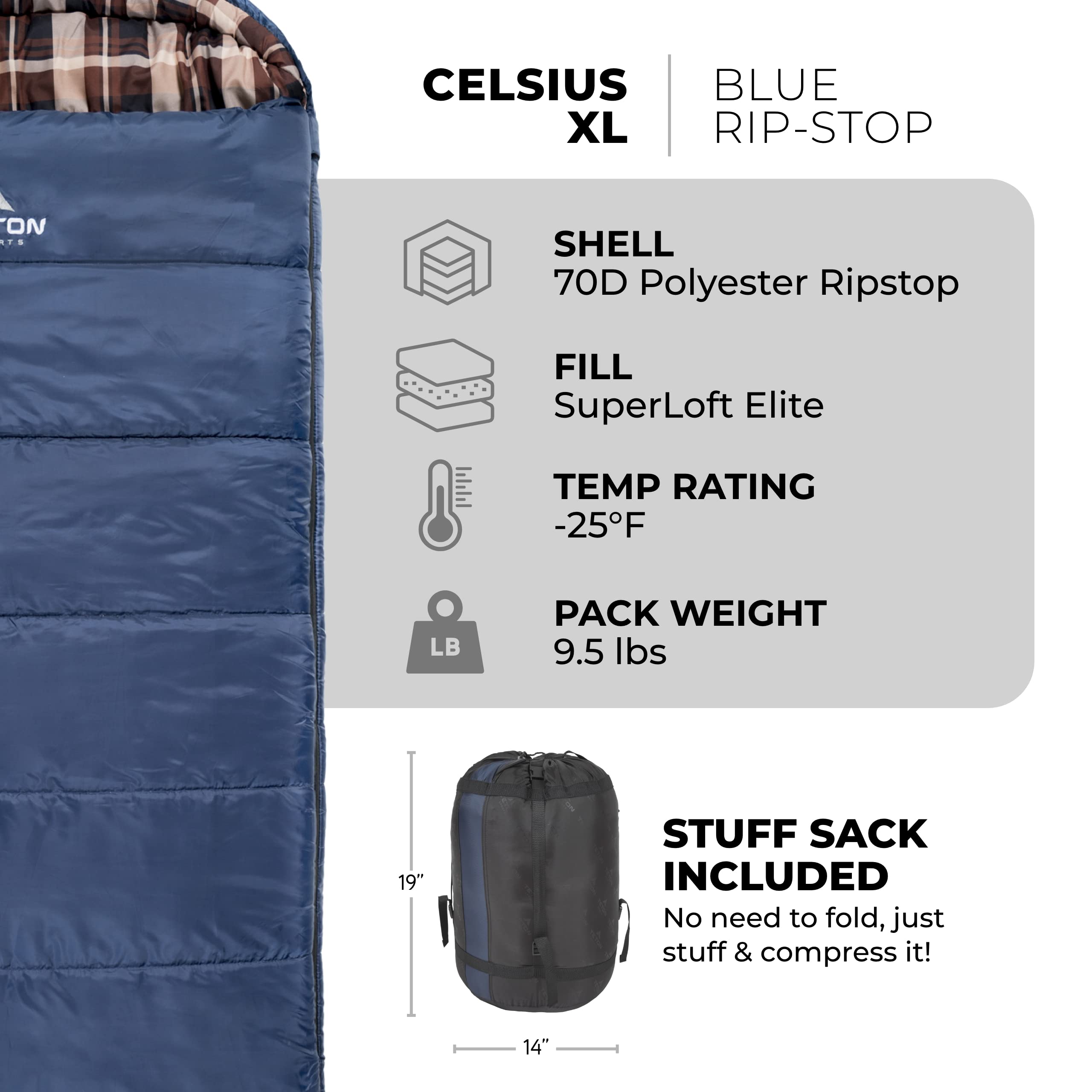 Teton Sports Celsius Xl -32C/-25F Sleeping Bag; Cold Weather Sleeping Bag; Great For Family Camping; Free Compression Sack