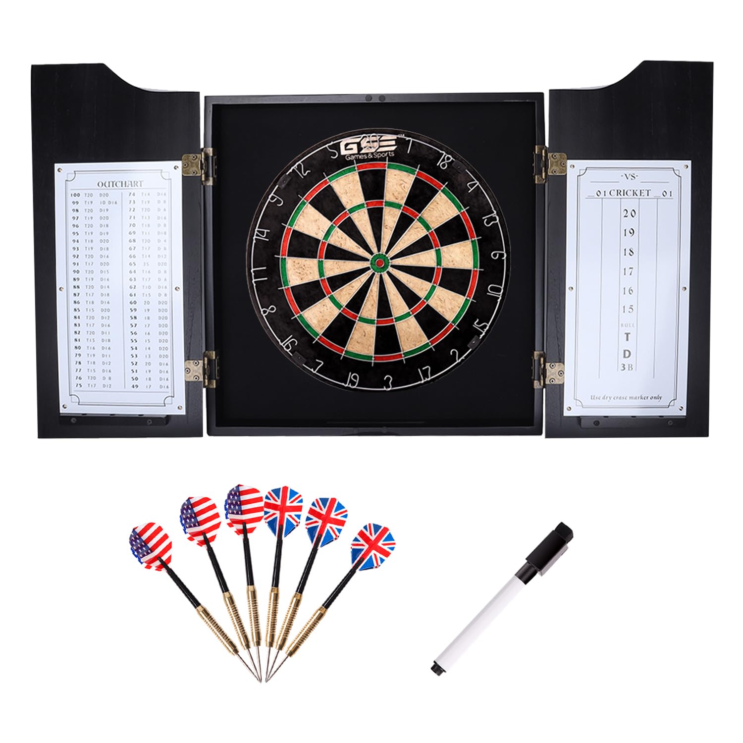 Gse Professional Solid Wood Classic Dartboard Cabinet With Sisal/Bristle Dartboard, Dart Scoreboard, And 6 Steel Tip Darts, Easy