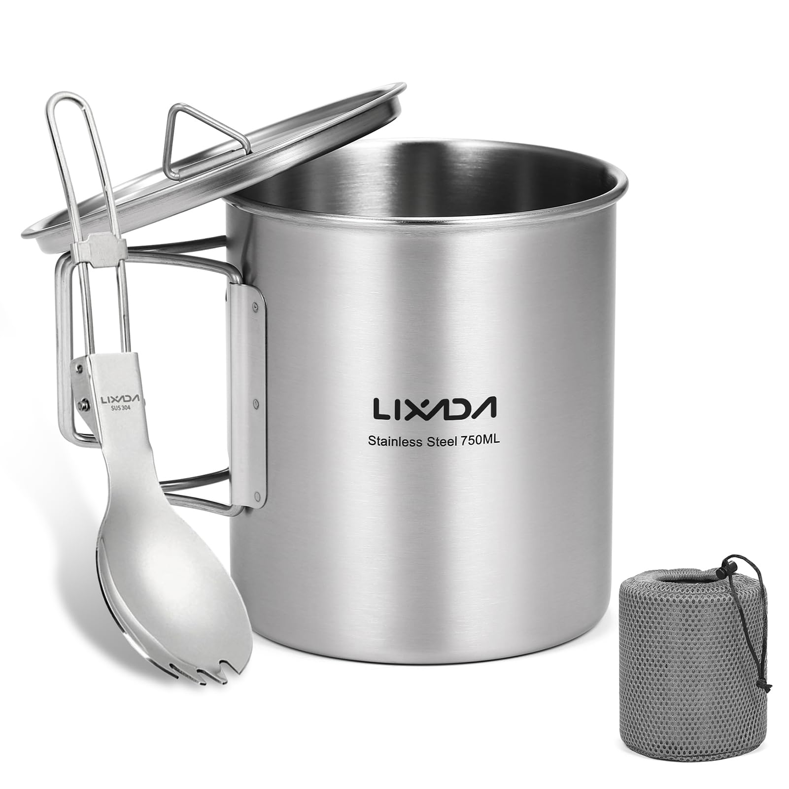 Lixada 750Ml Camping Cup Pot Cup Stainless Steel Water Cup Mug With Foldable Spoon For Outdoor Camping Hiking Backpacking