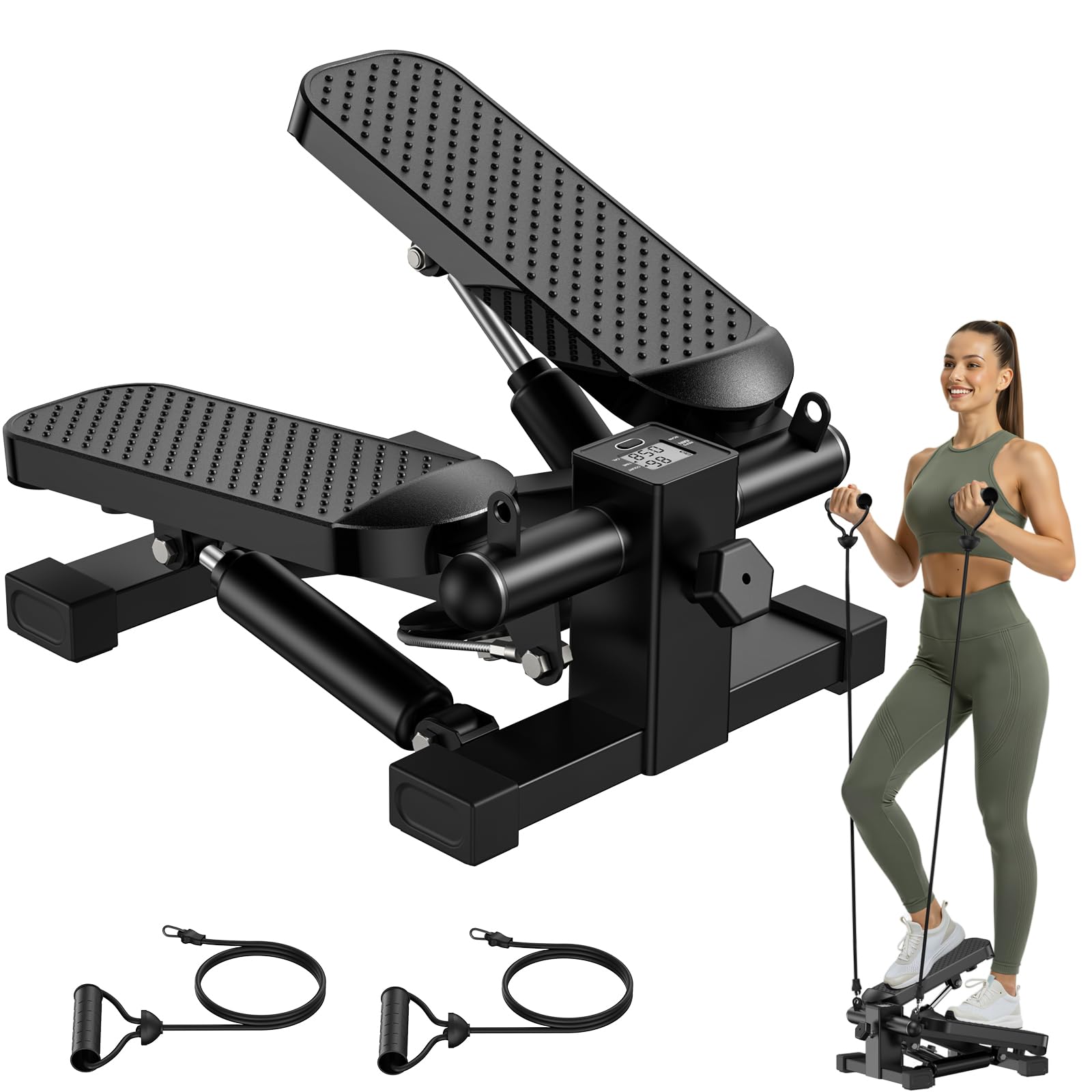 HOELLL Mini Stair Stepper with Resistance Bands for Exercise at Home, Portable Under Desk Twist Steppers for Office, Workout Equ