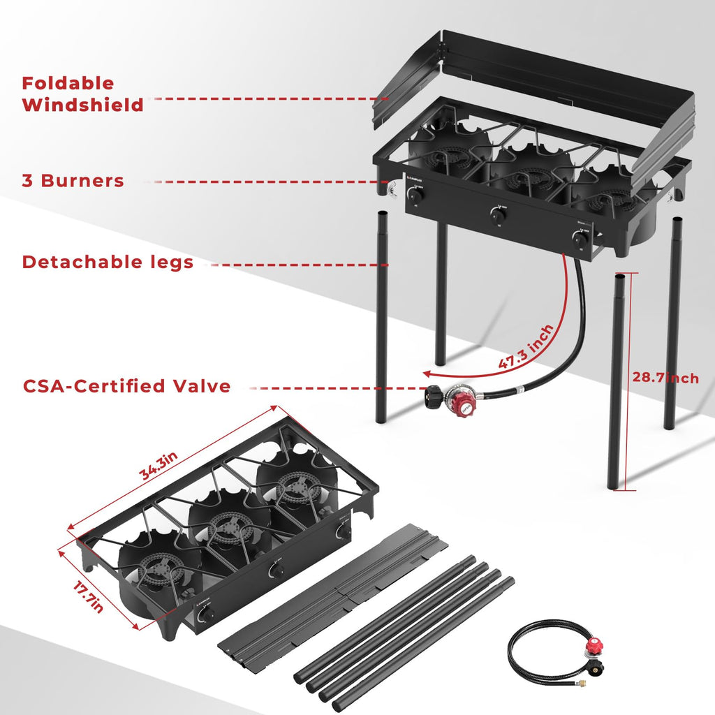 Camplux 3 Burner Camping Stove For Outdoor Cooking, 225,000 Btu Propane Outdoor Stove With Detachable Stand Legs And Windshield,