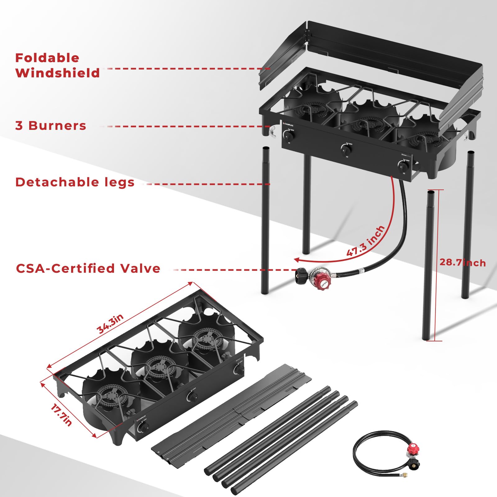 Camplux 3 Burner Camping Stove For Outdoor Cooking, 225,000 Btu Propane Outdoor Stove With Detachable Stand Legs And Windshield,