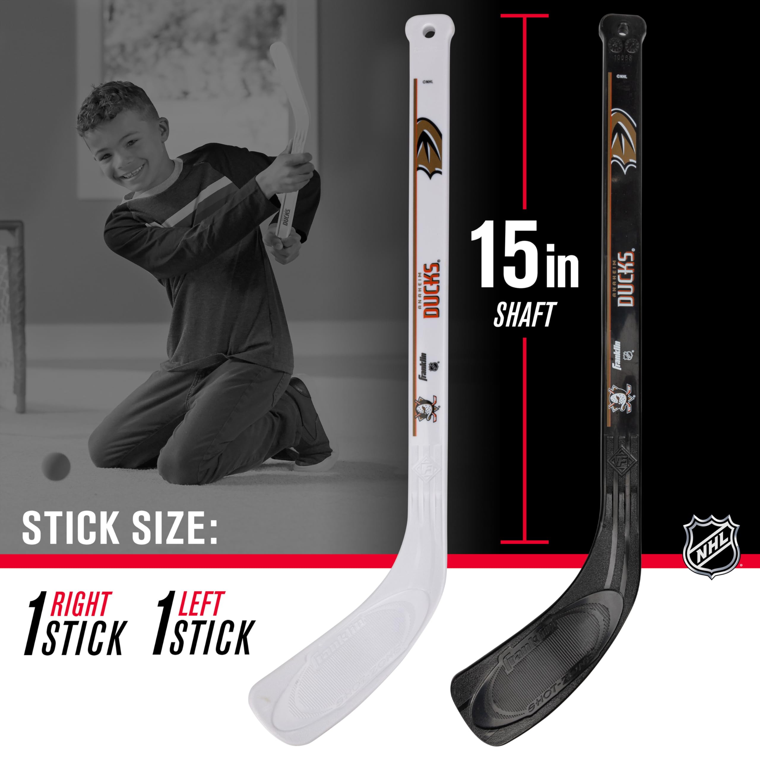 Franklin Sports Nhl Anaheim Ducks Mini Hockey Set - Kids Indoor Knee Hockey Goal, Ball, + 2 Mini Hockey Stick Combo Set - Youth