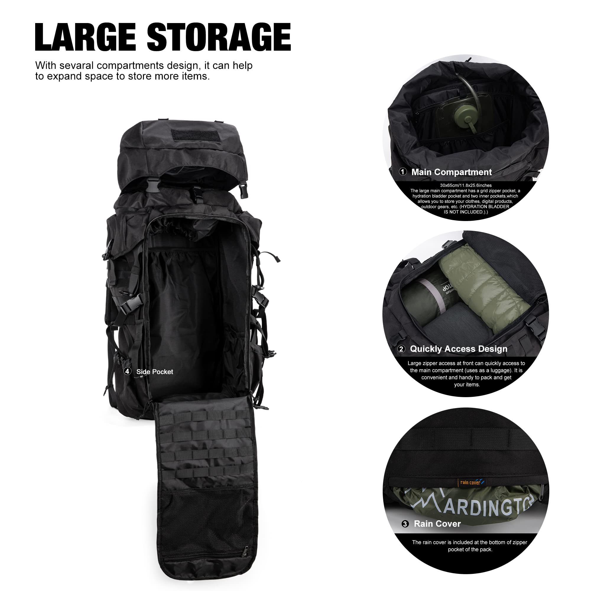 Mardingtop 70L Hiking Internal Frame Backpacks With Rain Cover Black