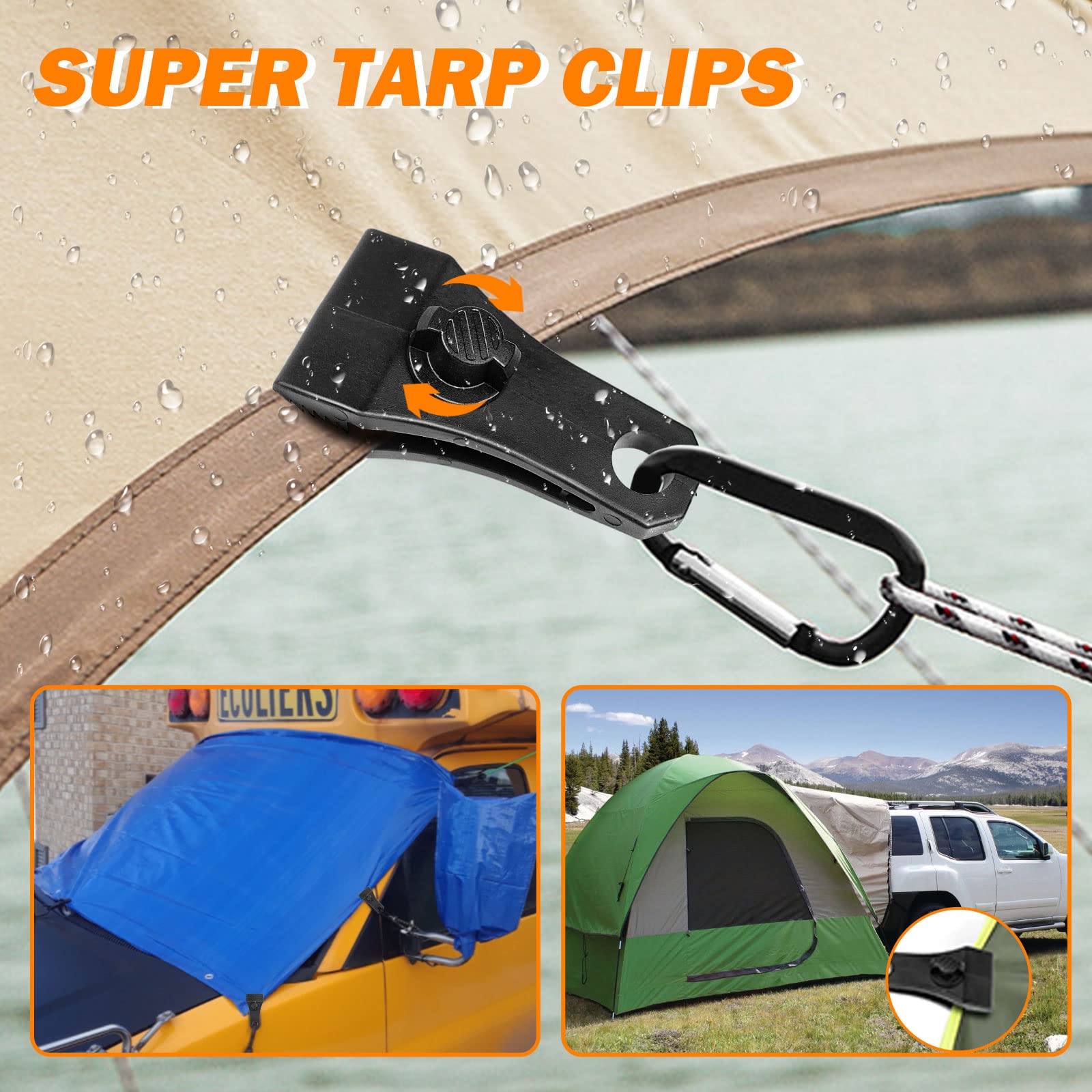 Upgrade Large Tarp Clips Heavy Duty Lock Grip -Total 24 Pcs Tarp Clamps Thumb Screw Tent Fasteners Clips With Carabiner For Camp