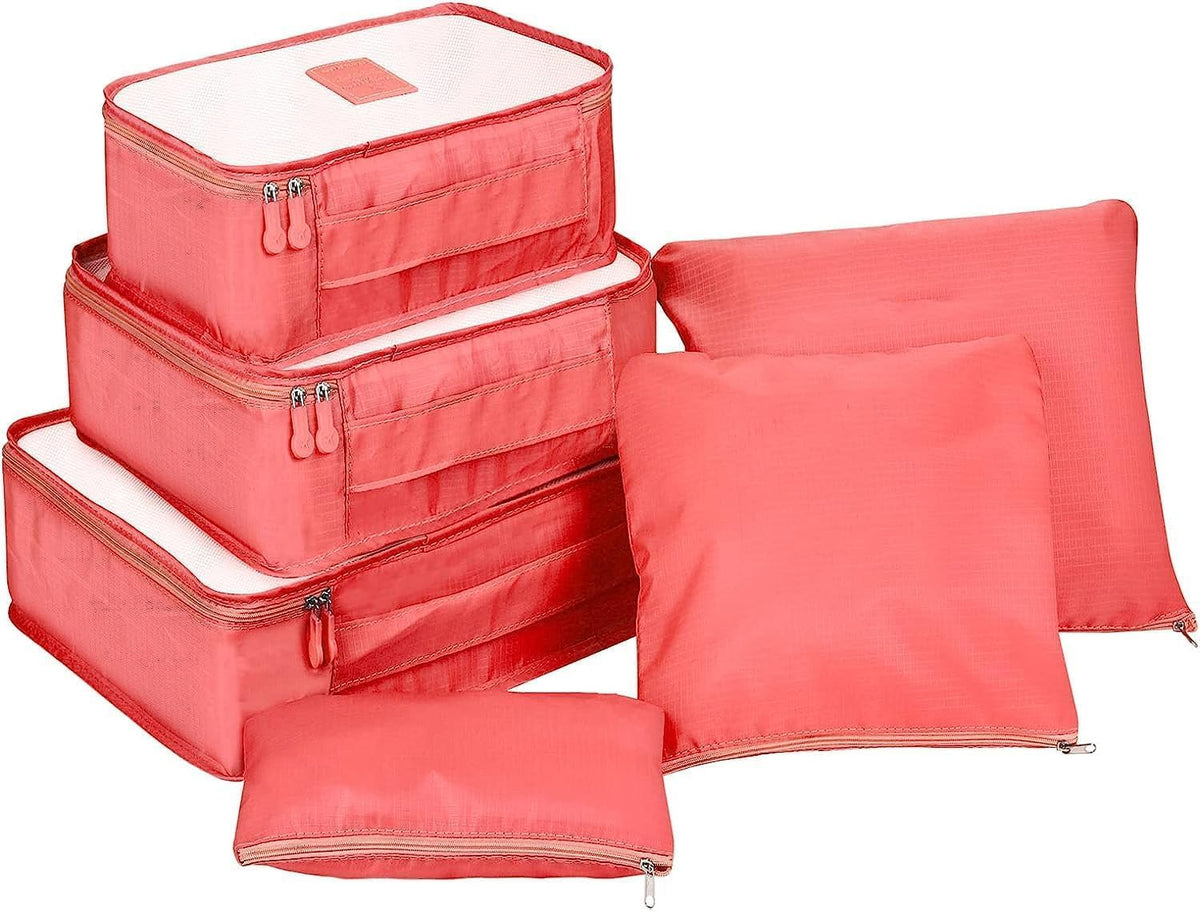 Fiveren Nylon 6 Pcs Packing Cubes Set Travel Luggage Organizers Suitcase Accessories, Pink I Pink, 30 Cm, 12 Cm