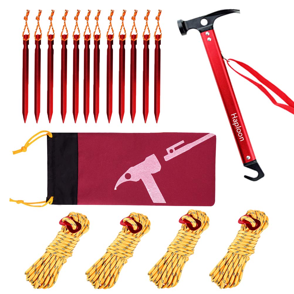 Haploon Camping Accessories Kit, Aluminum Tent Mallet Stake Hammer With Metal Tent Pegs, Nylon Guyline Rope 4X13Ft With Cord Adj