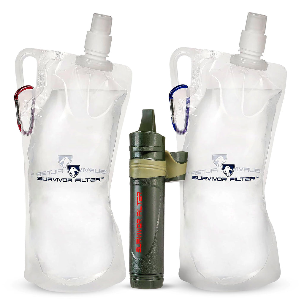 Survivor Filter Squeeze Kit - Water Purifier Survival Straw With Collapsible Water Bottle - Virus Tested Survival Straw With 3 S
