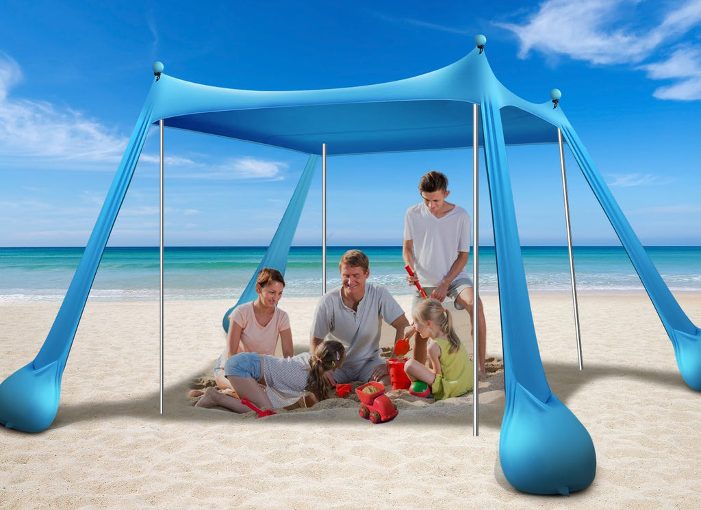 Beach Tent Canopy Upf50+ Protection, 10X10Ft Beach Shade Sun Shelter Pop Up With 4 Stability Poles, Sandbags, Sand Shovels, Grou