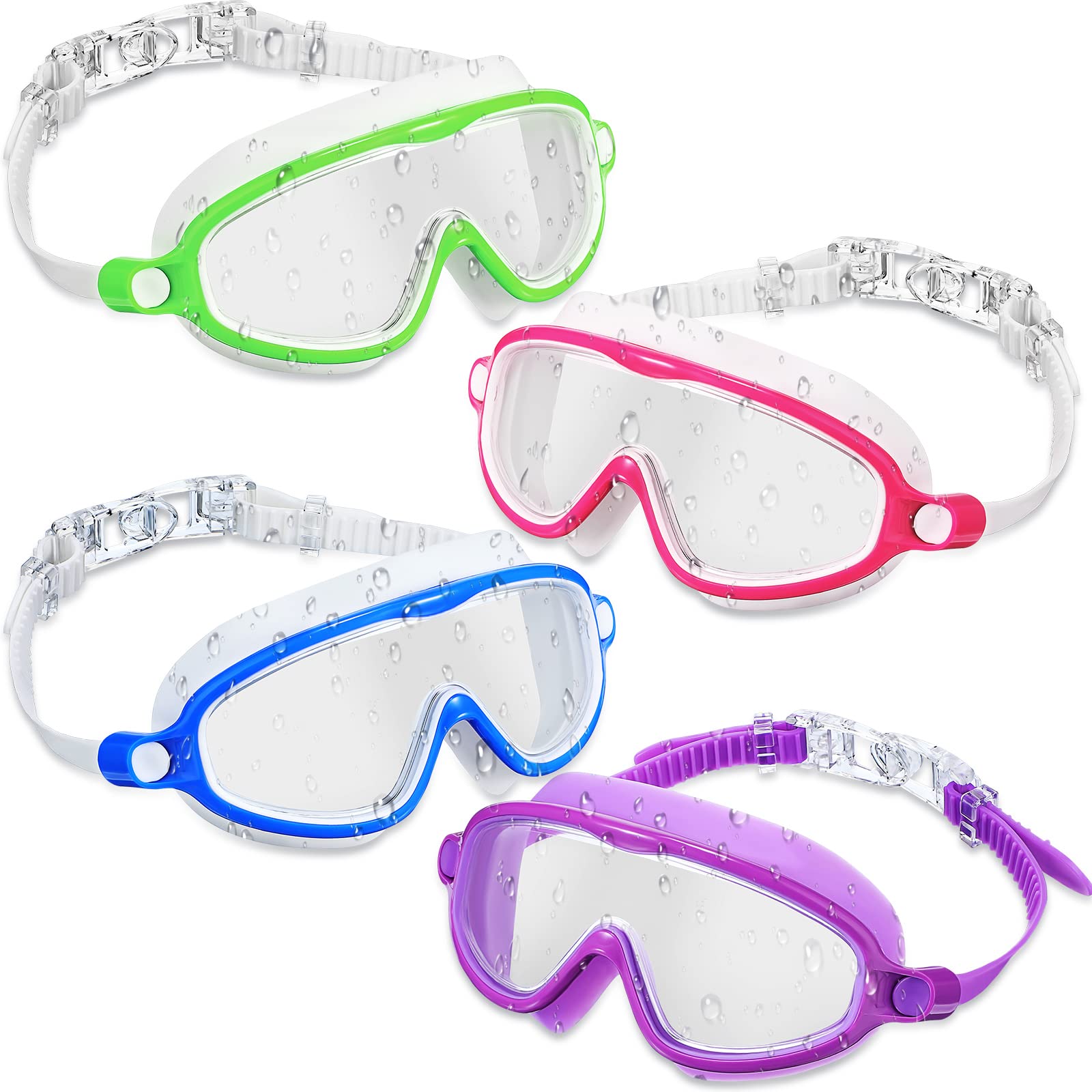 Flutesan 4 Pack Kids Swim Goggles Age 3-15 Antifog Wide View No Leaking Swimming Glasses with Adjustable Strap (Bright Color)