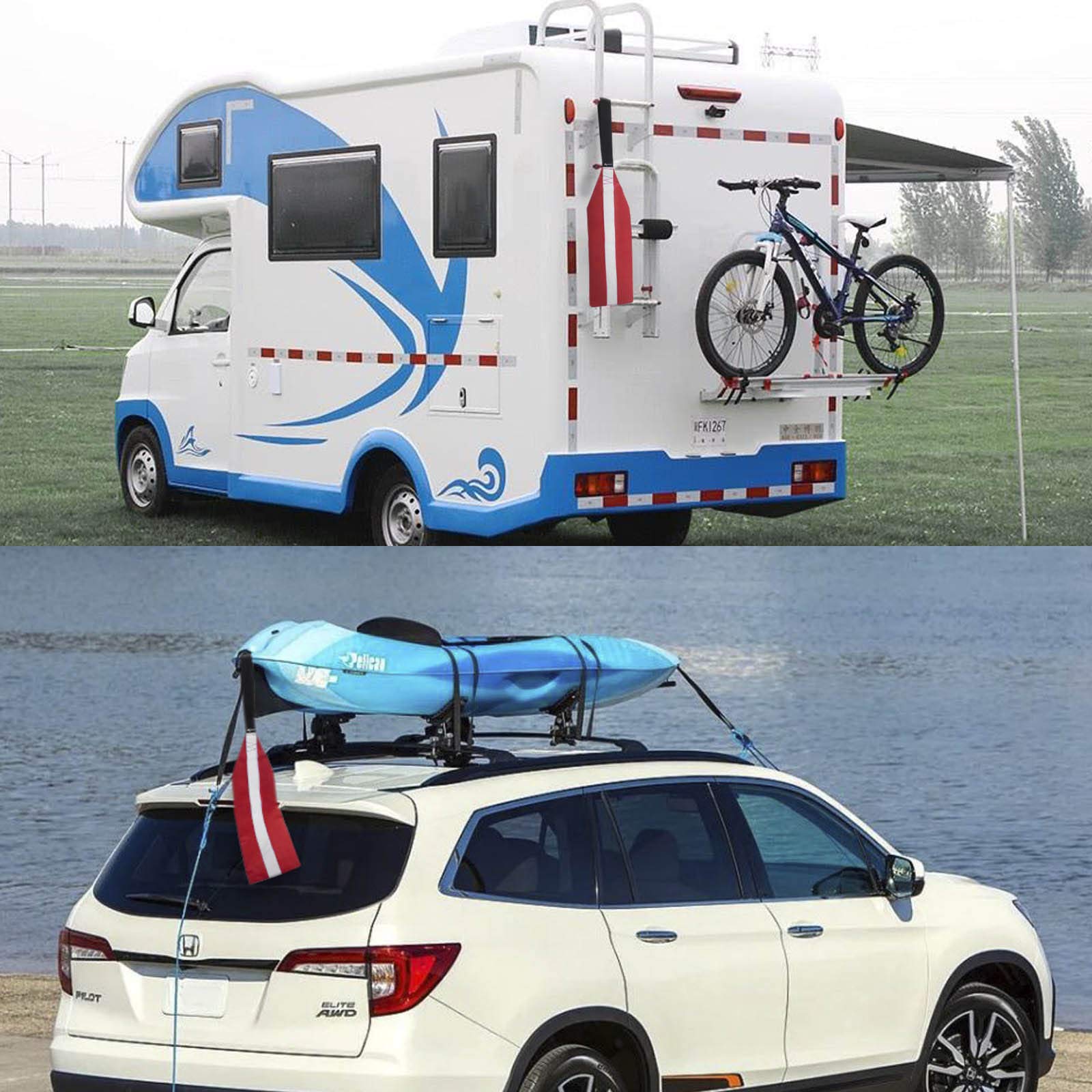 Safety Tow Flag With Webbing For Kayak Boat Bicycle Travel Tow Warning Truck Loads (Red With Reflective Band)