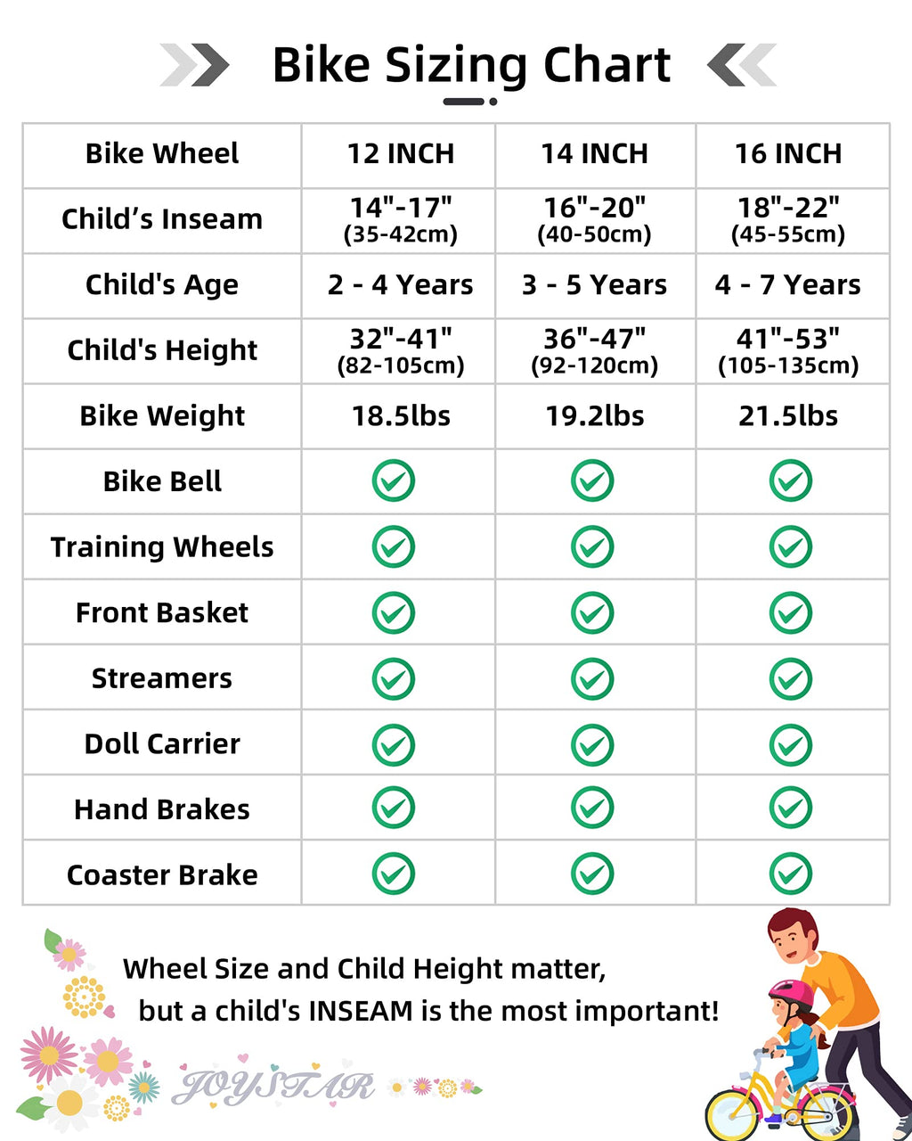 Joystar Kids Bike Little Daisy 16 Inch Girls Bike With Training Wheels Doll Bike Seat Basket & Streamers Princess Kids Bicycle F