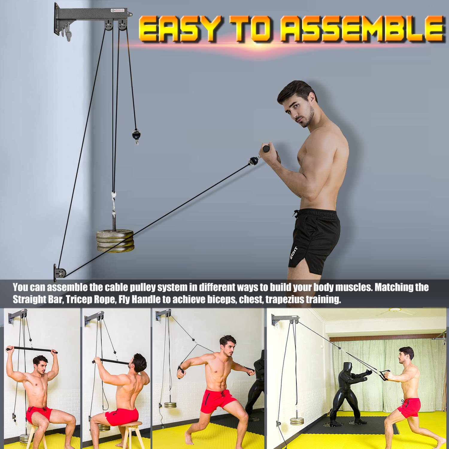 Fitness Wall Mount Pulley System, Weight Cable Pulley System For Gym, Lat Pull Down And Low Row Cable Machine, Cable Station Equ