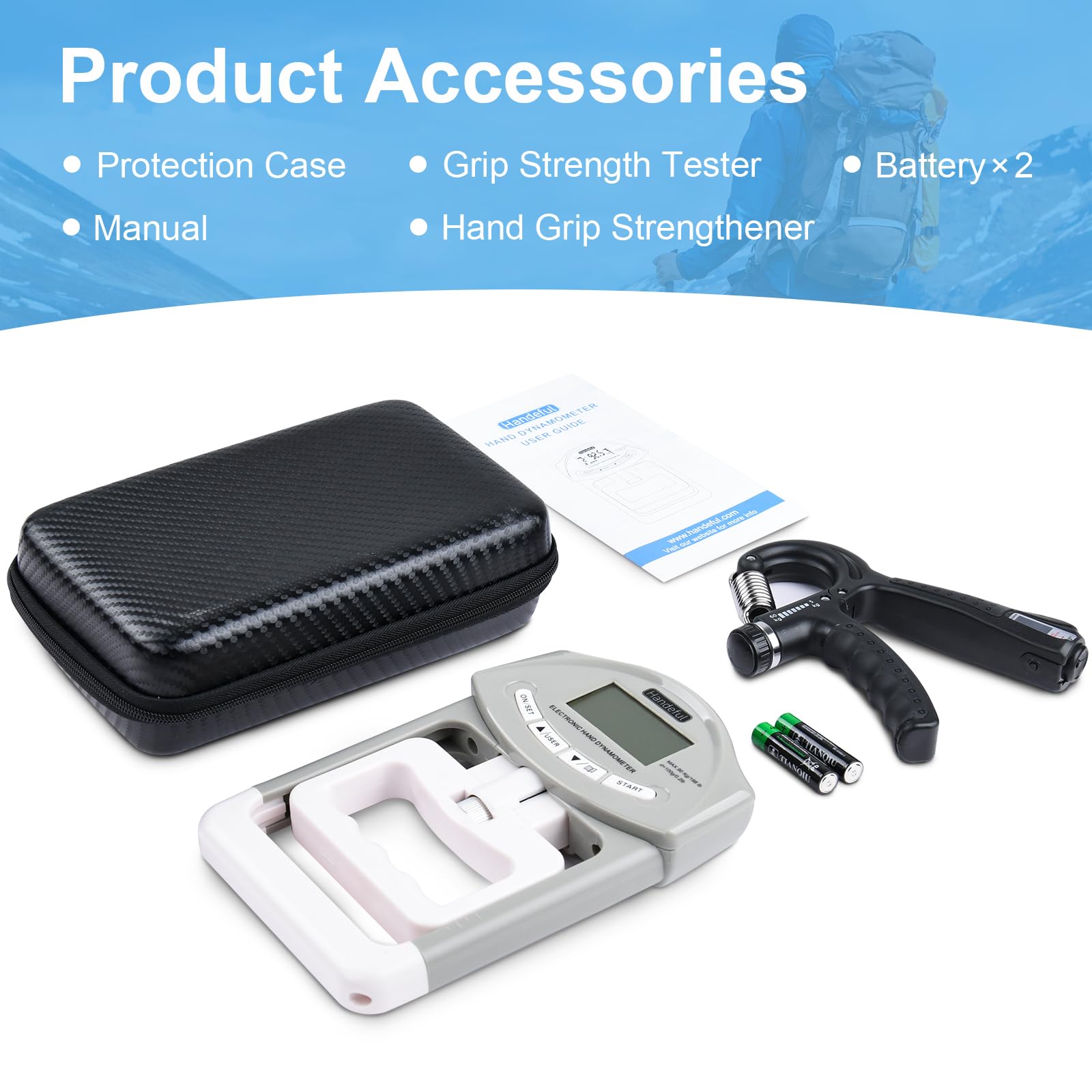 Handeful Complete Grip Strength Training Set - Portable Exerciser, Bag, & Dynamometer Meter