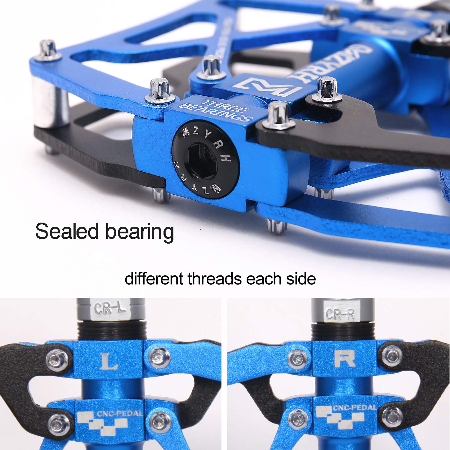 Mzyrh Mountain Bike Pedals, Ultra Strong Colorful Cnc Machined 9/16'' Cycling Sealed 3 Bearing Pedals(Black Blue 3 Bearings)