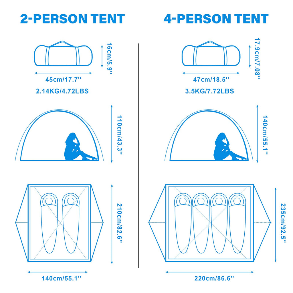 Bisinna 2/4 Person Camping Tent Lightweight Backpacking Tent Waterproof Windproof Two Doors Easy Setup Double Layer Outdoor Tent