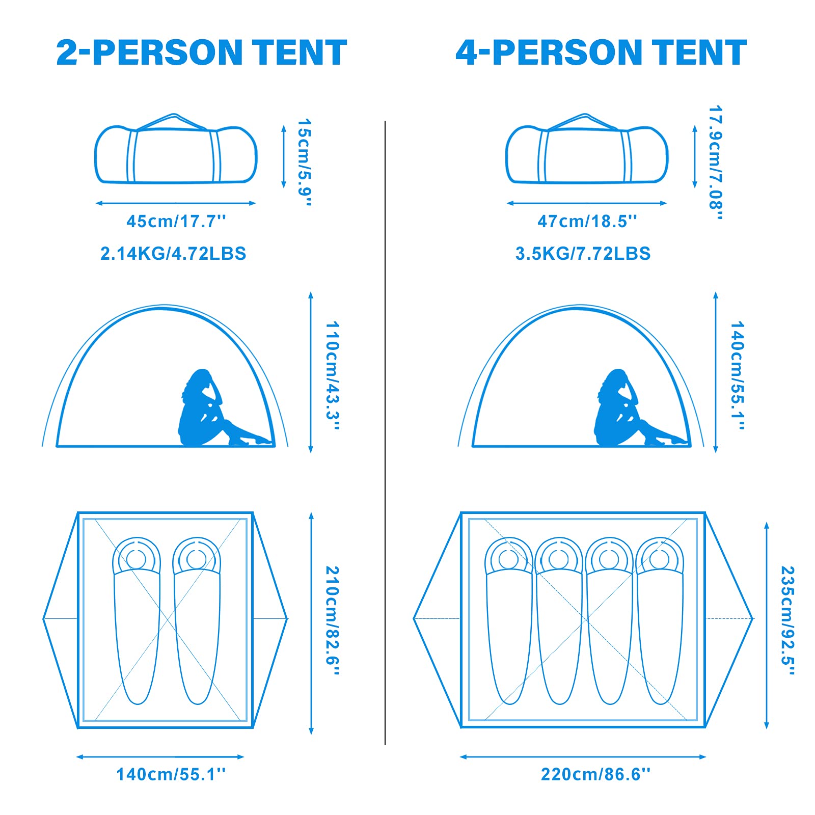 Bisinna 2/4 Person Camping Tent Lightweight Backpacking Tent Waterproof Windproof Two Doors Easy Setup Double Layer Outdoor Tent