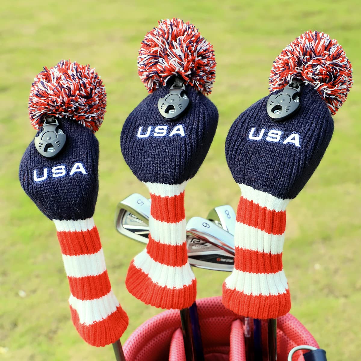 Golf 4 Hybrid Head Cover Headcover Knit Knitted Pom Pom Usa Rescue Hybrids Utility Ut Club Headcover For Hybrids With Adjustable