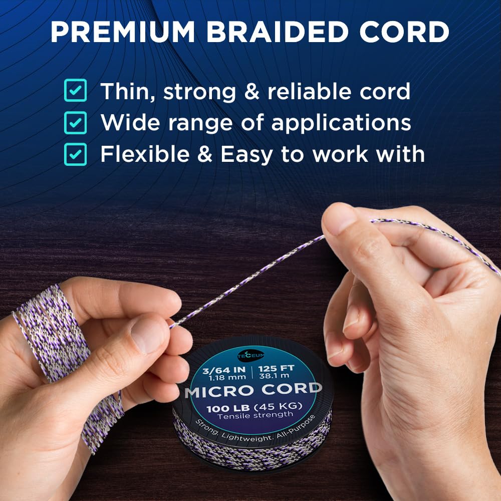 Teceum Micro Paracord - Purple Snake - 1.18 Mm X 125 Ft - Micro Utility Cord - Thin Braided Paracord Rope Nylon Polyester - Wind