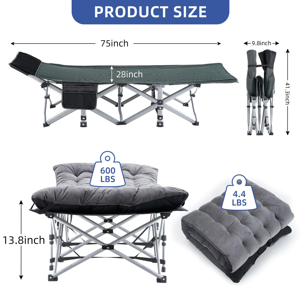 Fragess Camping Cot, Sleeping Cots For Adult, Portable Bed With Pillow And Carry Bag, 1200D Double Layer Oxford, 600 Lbs Weight