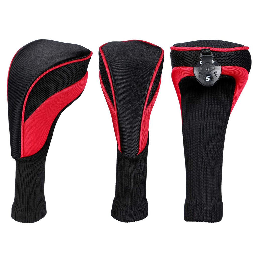 Longchao Red/Black Golf Head Covers Driver 1 3 4 5 7 X Fairway Woods Headcovers Long Neck Neoprene Protective Covers With Interc