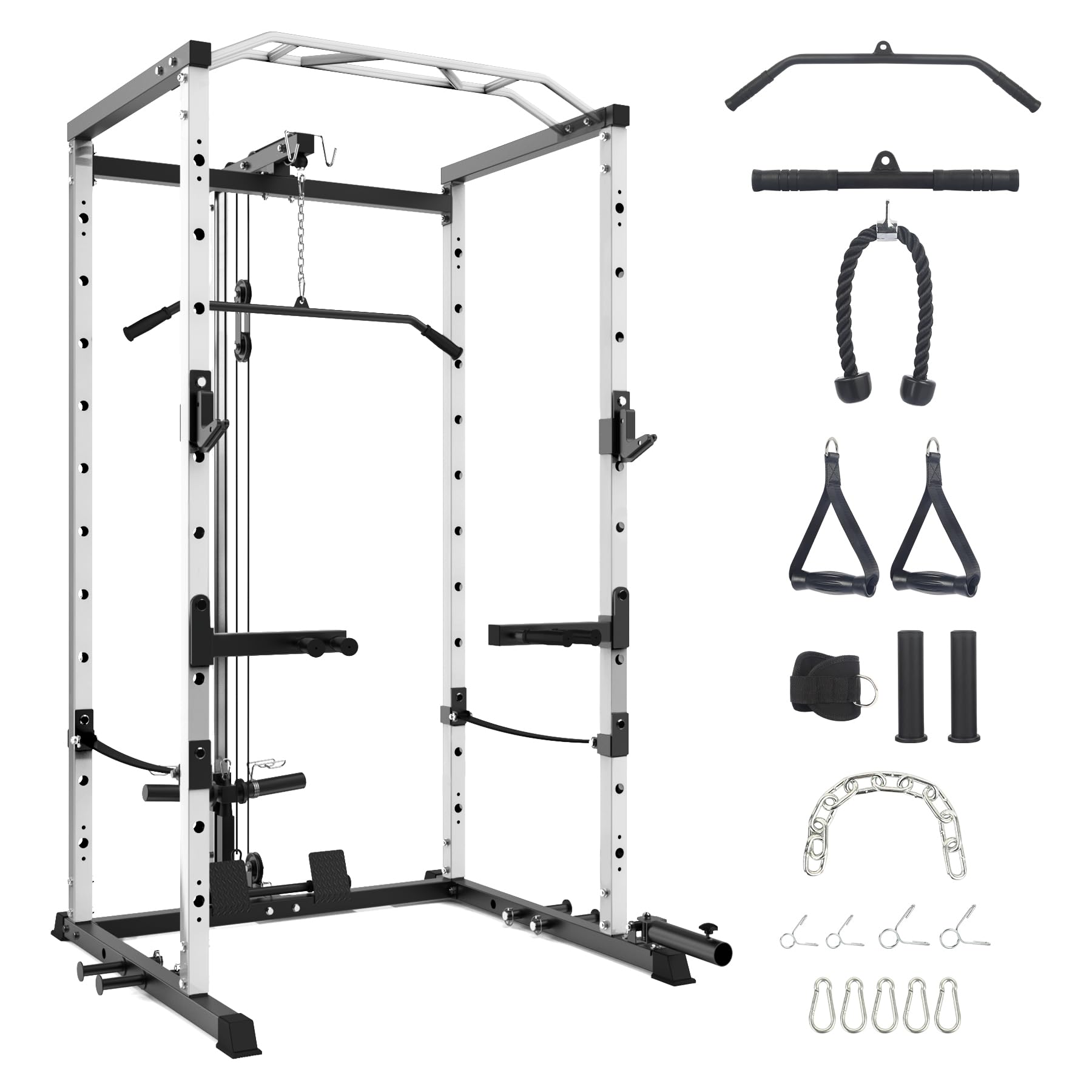 GarveeLife Power Cage, Multi-Function Squat Rack with LAT Pulldown, 1600 LBS Weight Capacity Fitness Power Rack with Cable Pulle