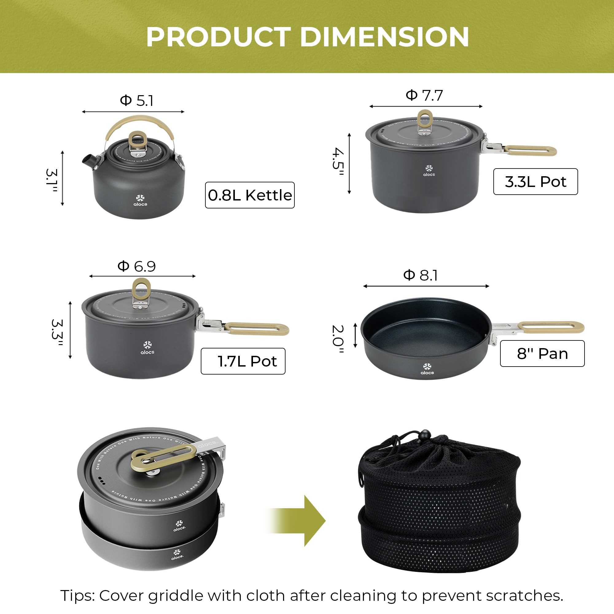 Alocs Portable Camping Cookware - Upgraded Handle, Non-Stick Camping Pan Set For Outdoor Kitchen, Picnic, Hiking And Fishing