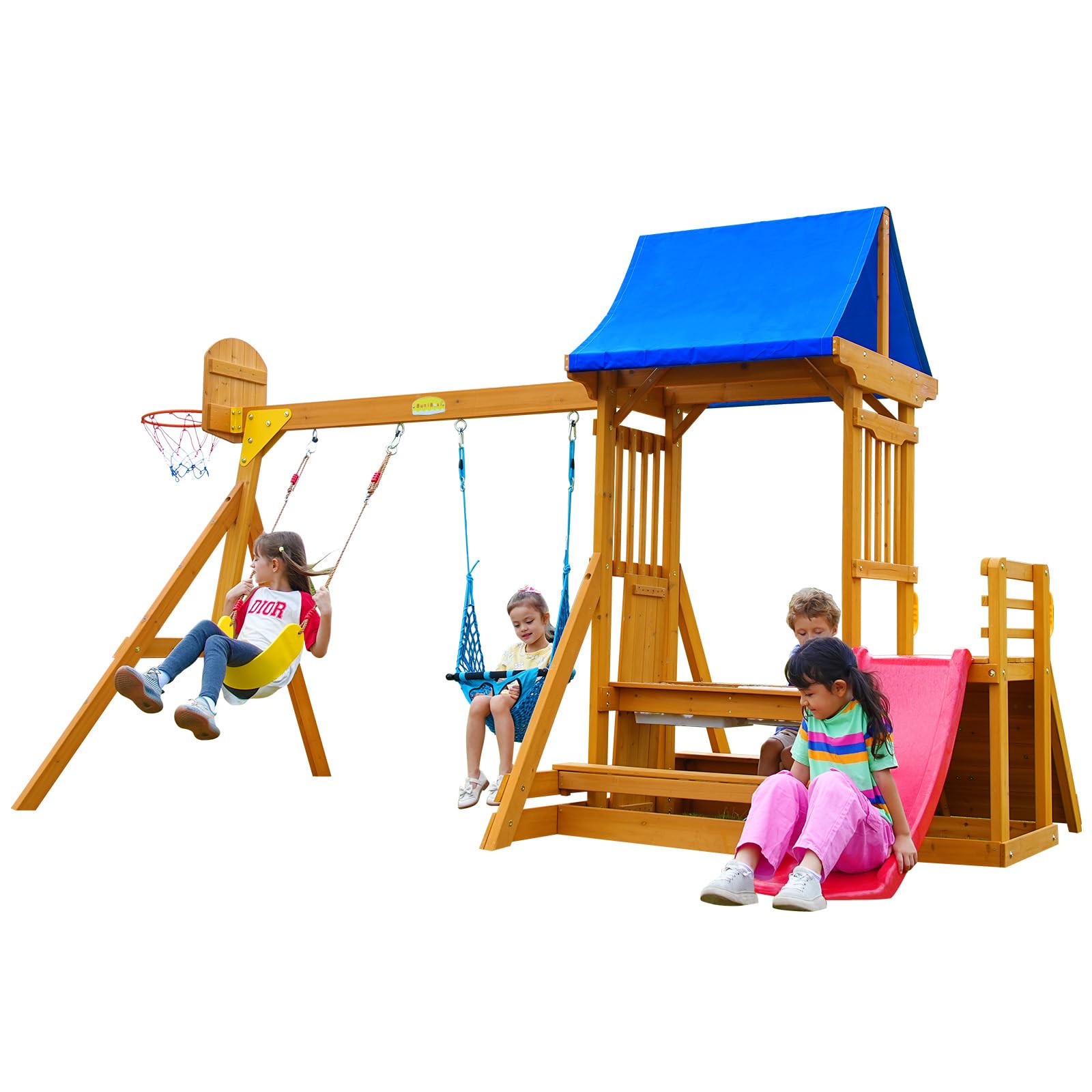 Kids Swing Sets for Backyard, Wooden Playground Sets for backyards with a Wave Slide, Rock Climbing Wall, Sandbox, 2 Swings, and