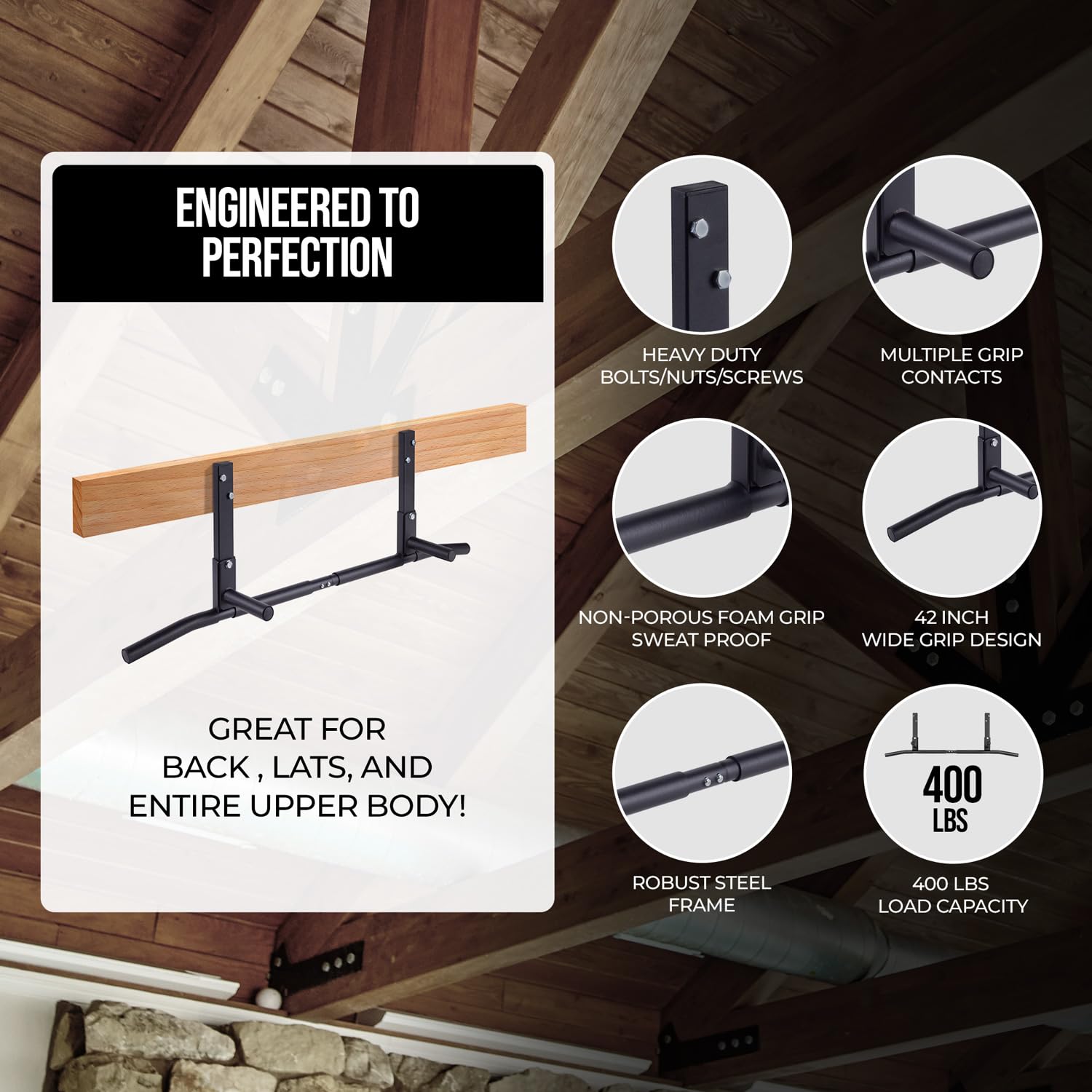 Amstaff Fitness Joist Mount Pull Up Bar, Ceiling Mounted Chin Up Bar For Home Gym, Crossfit, Beam, Rafter - Heavy Duty, Multi Gr