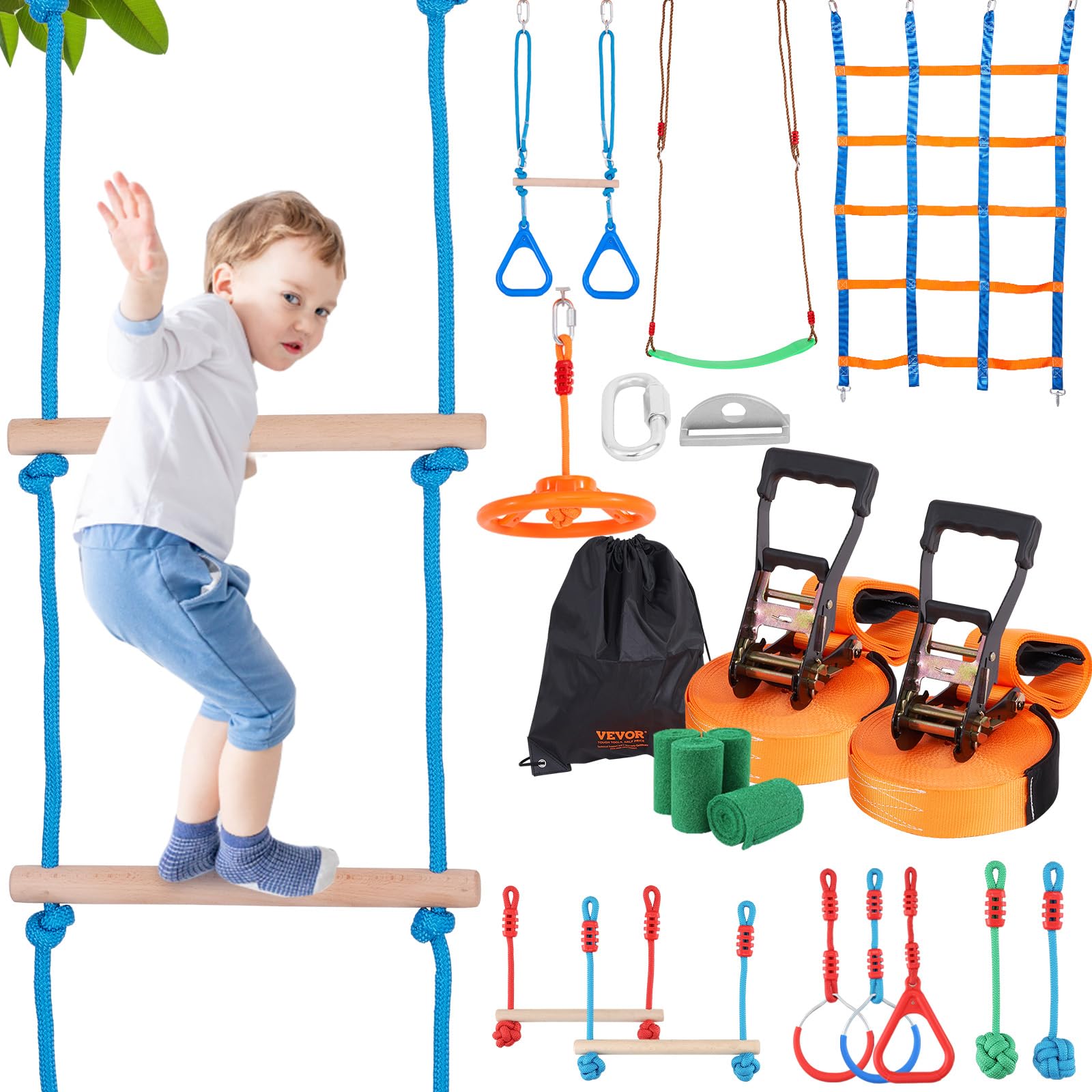 VEVOR Ninja Warrior Obstacle Course for Kids, 2 x 50 ft Weatherproof Slacklines, 500lbs Weight Capacity Monkey Line, Outdoor Pla