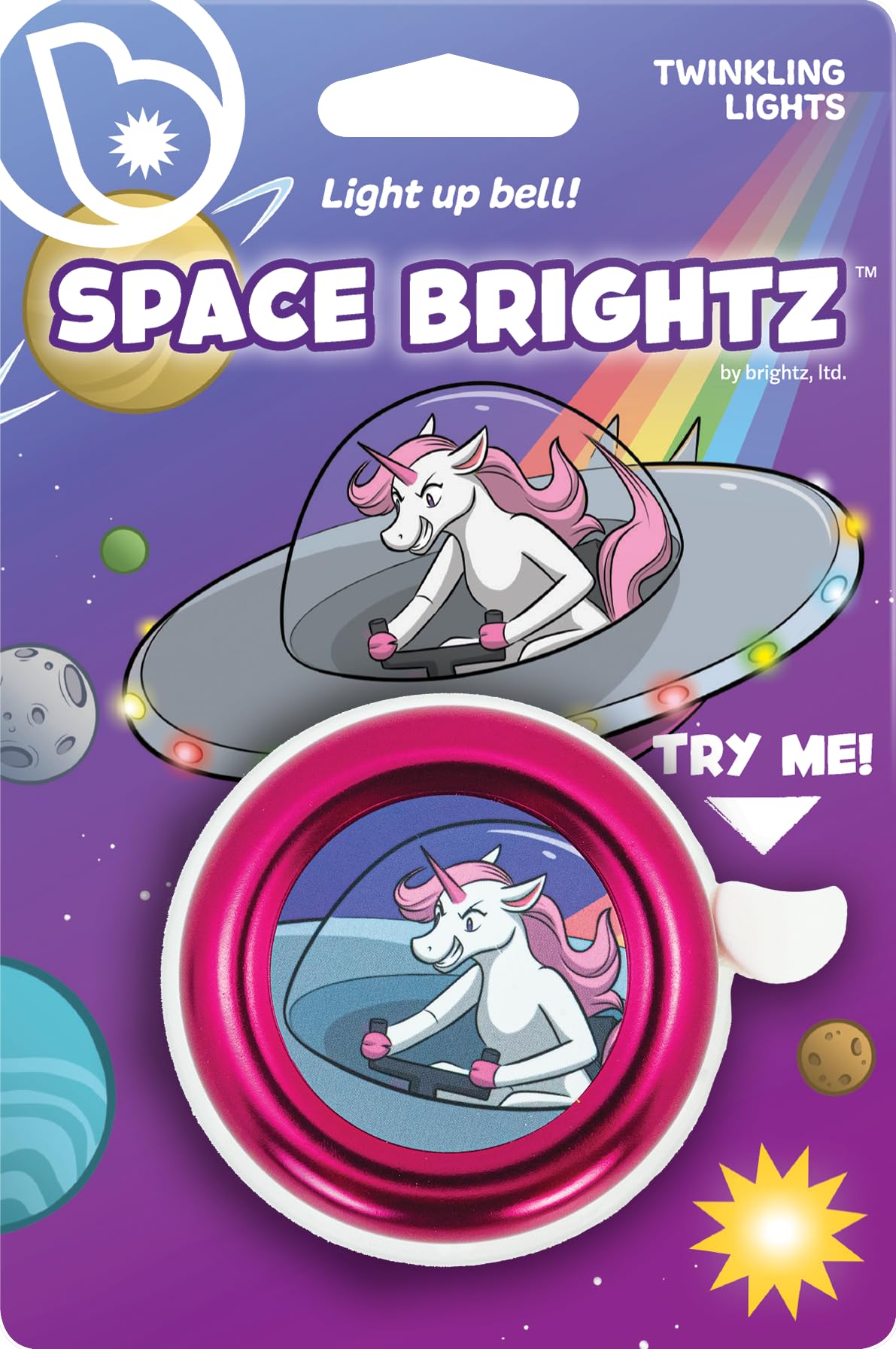 Space Brightz - Light Up Kids Bike Bell for Girls - Unicorn Pink Bike Bell for Kids, Girls Bike Bell, Bicycle Bell