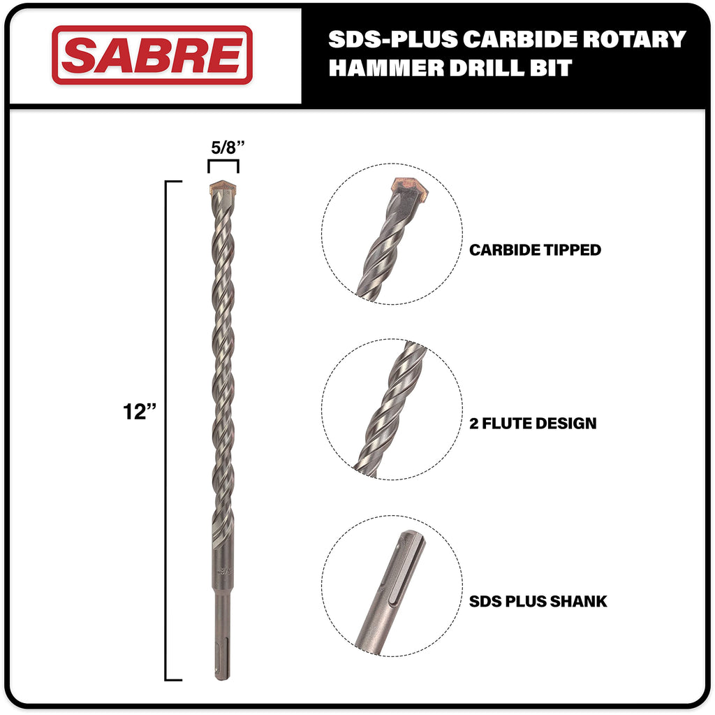 Sabre Tools 58 Inch X 12 Inch Sds Plus Rotary Hammer Drill Bit, Carbide Tipped For Brick, Stone, And Concrete Version 2 (58 X 10
