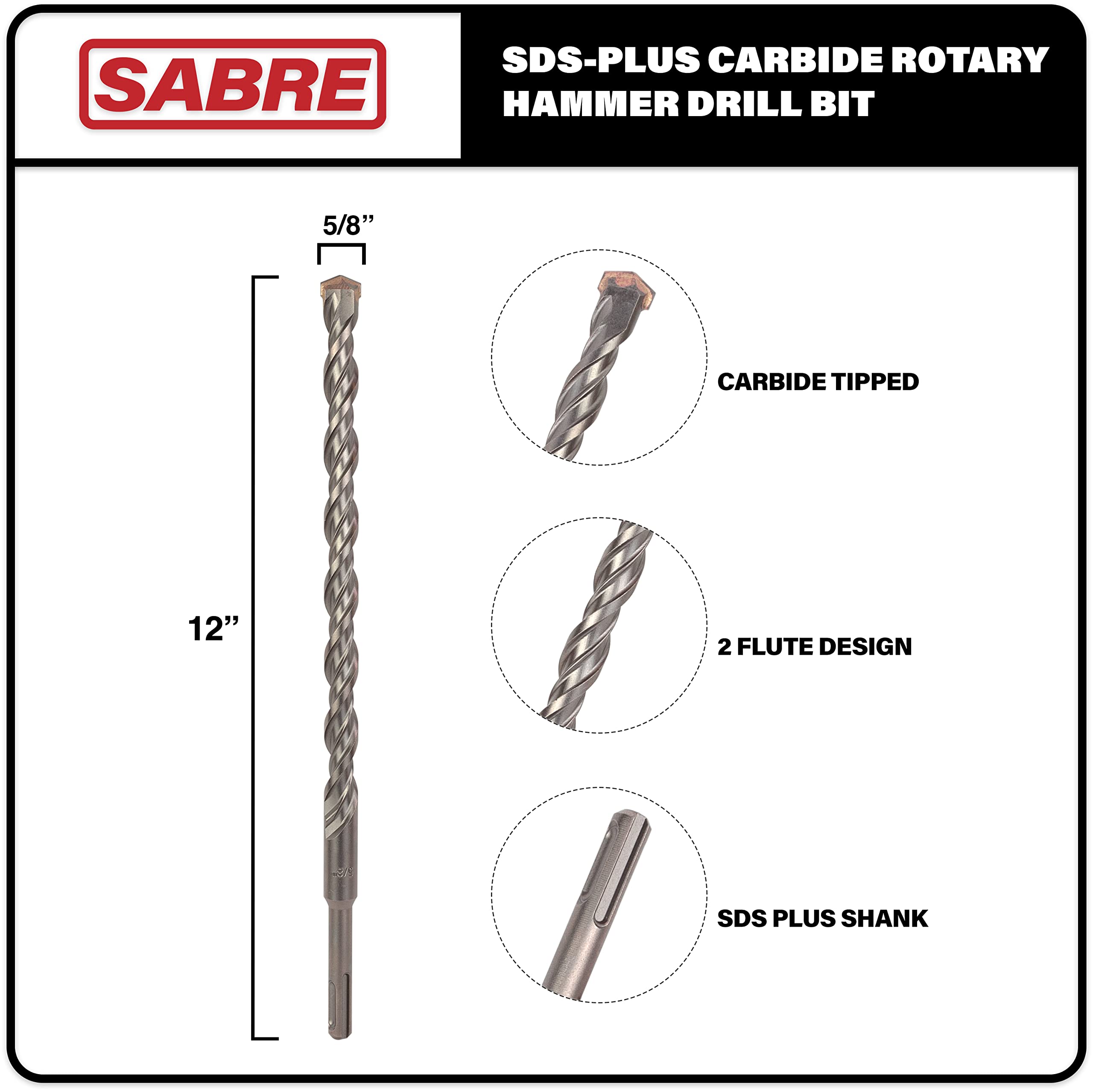 Sabre Tools 58 Inch X 12 Inch Sds Plus Rotary Hammer Drill Bit, Carbide Tipped For Brick, Stone, And Concrete Version 2 (58 X 10