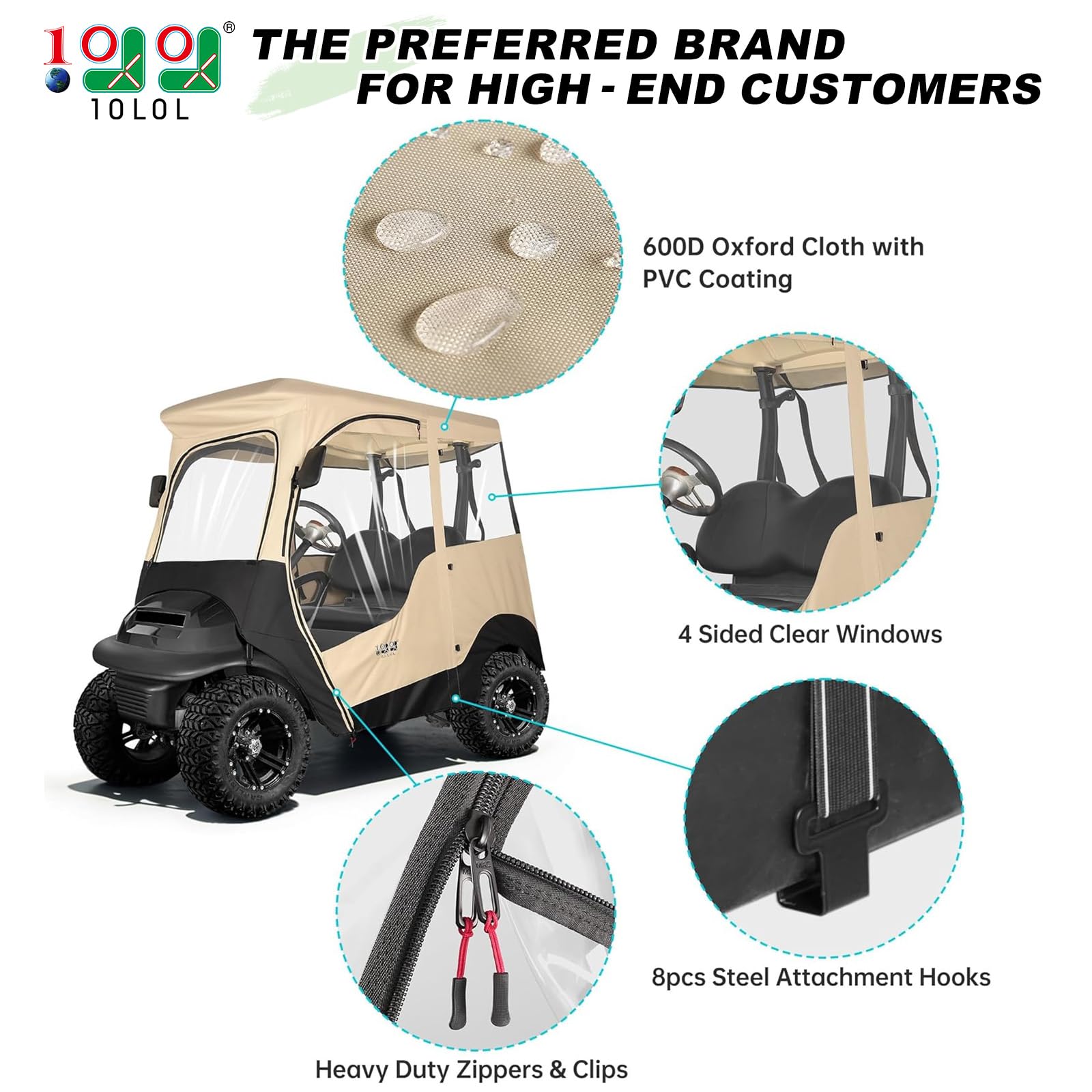 10L0L 2 Passenger Golf Cart Enclosure For Club Car Precedent, All Weather Windproof Waterproof Rain Cover, 4-Sided Clear Window