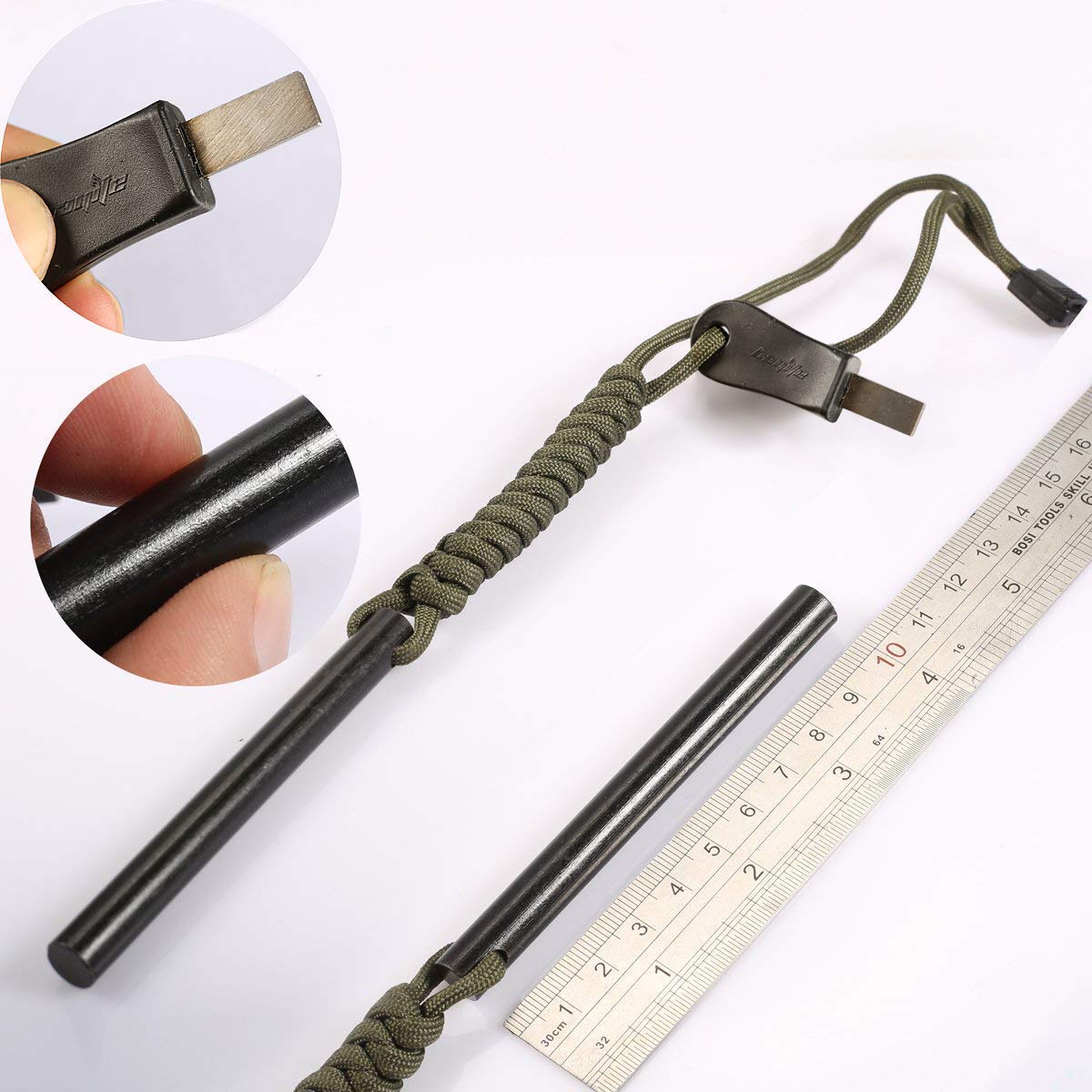 Bayite 4 Inch Survival Ferrocerium Drilled Flint Fire Starter, Ferro Rod Kit With Paracord Landyard Handle And Striker, 4''(Long