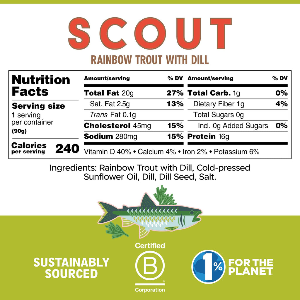 Scout Rainbow Trout With Dill | Responsibly Sourced Seafood Tins | Rainbow Trout In Bpa-Free, Recyclable Cans (Pack Of 1 X 90G T