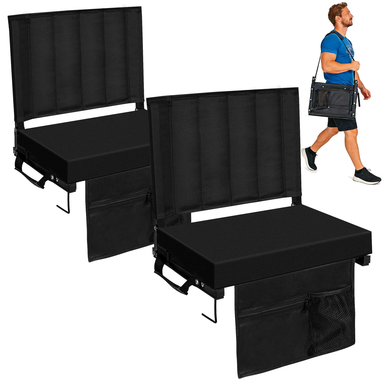 Romswi Stadium Seats for Bleachers with Back Support 2 Pack, Lightweight Portable Bleacher Chairs with Wide Padded Cushion, Fold