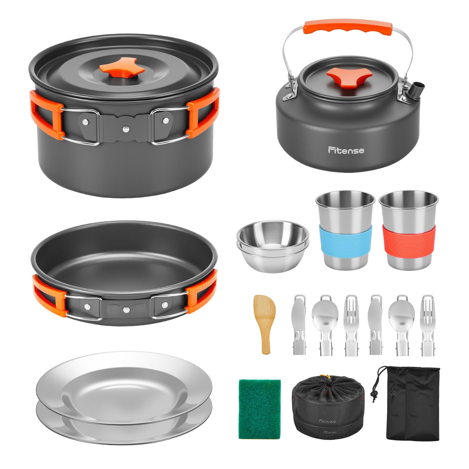 Fitense 22Pcs Camping Cookware Mess Kit For 2, Lightweight Camping Kitchen Pots And Pans Set, Portable Camping Essentials For Ba