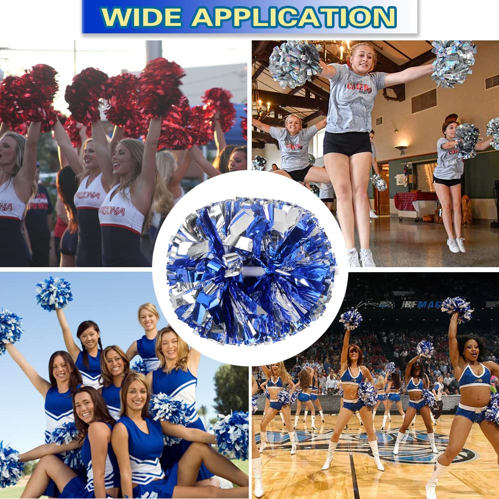 Lovecheer 2Pcs Pom Poms Cheerleading Blue And Silver Metallic Cheer Pom Poms With Baton Handle For Sports Team Spirit Party Chee