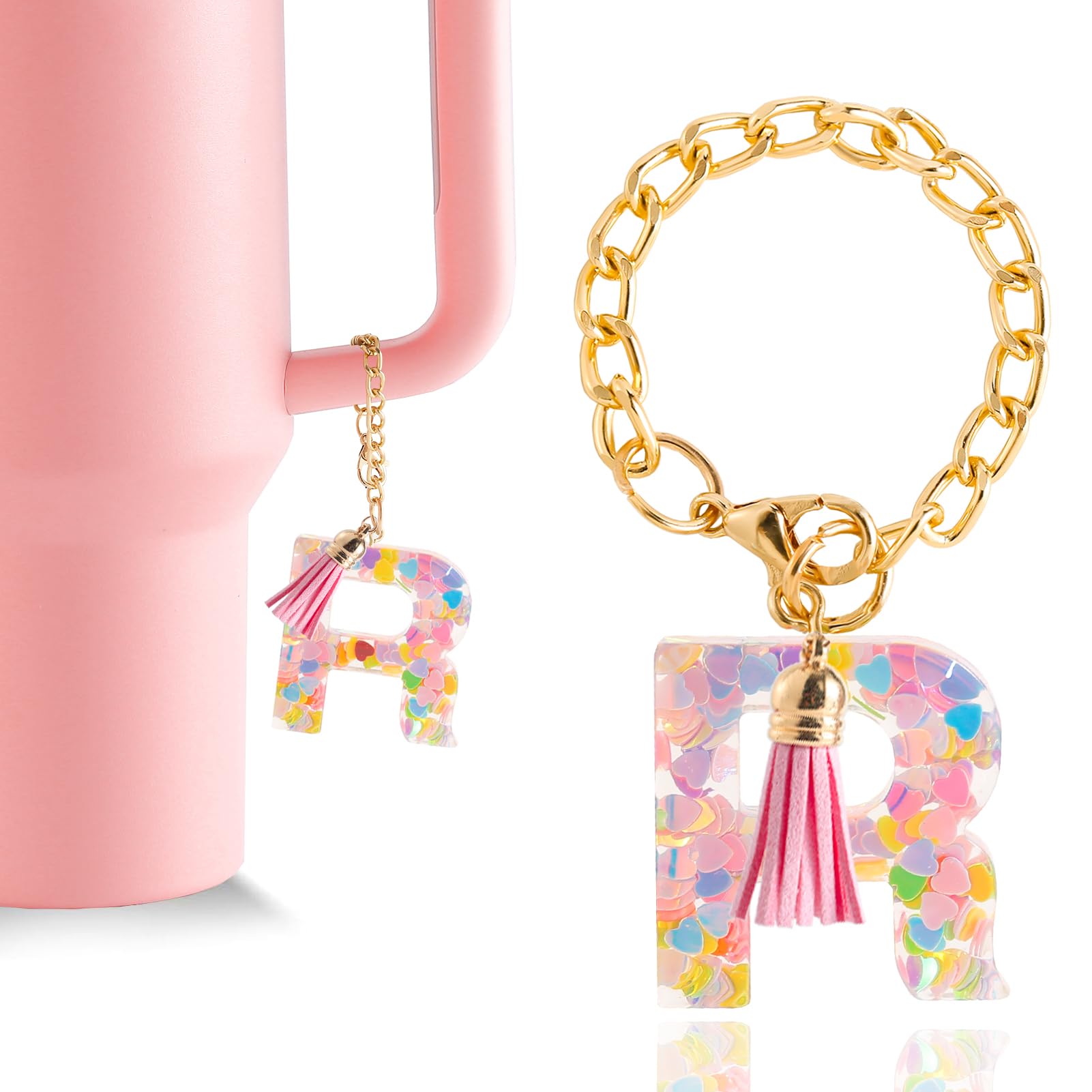 Letter Charm Accessories for Stanley Cup 1 PCS Cute Initial Keychain Handle Charm for Stanley Tumbler for Women Pink Letter R