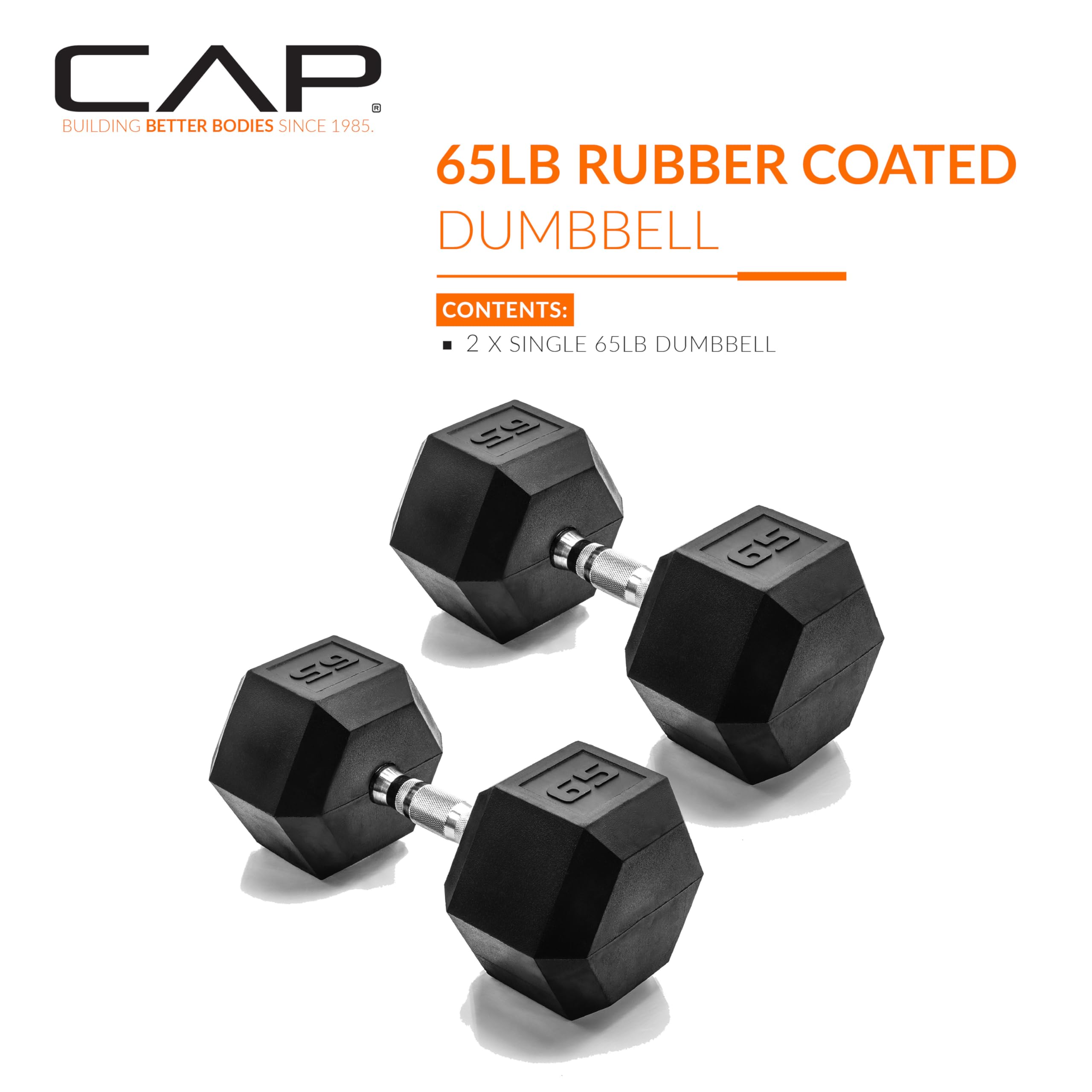 CAP Barbell 65 LB Rubber Coated Hex Dumbbell Hand Weight - Pair | Chrome Handle