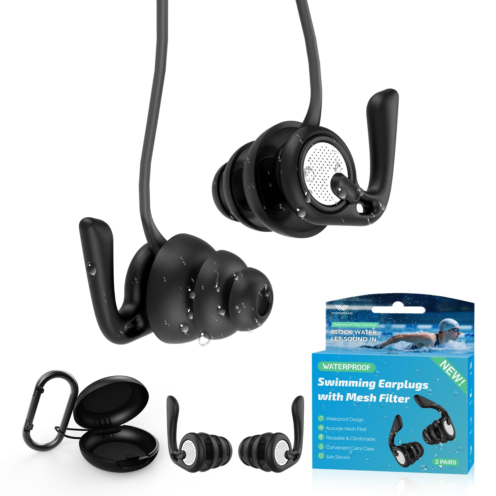 Swimming Ear Plugs, 2 Pairs Waterproof Reusable Silicone Earplugs with Cord & Case for Swimming, Shower, Bathing, Surfing, Pool 