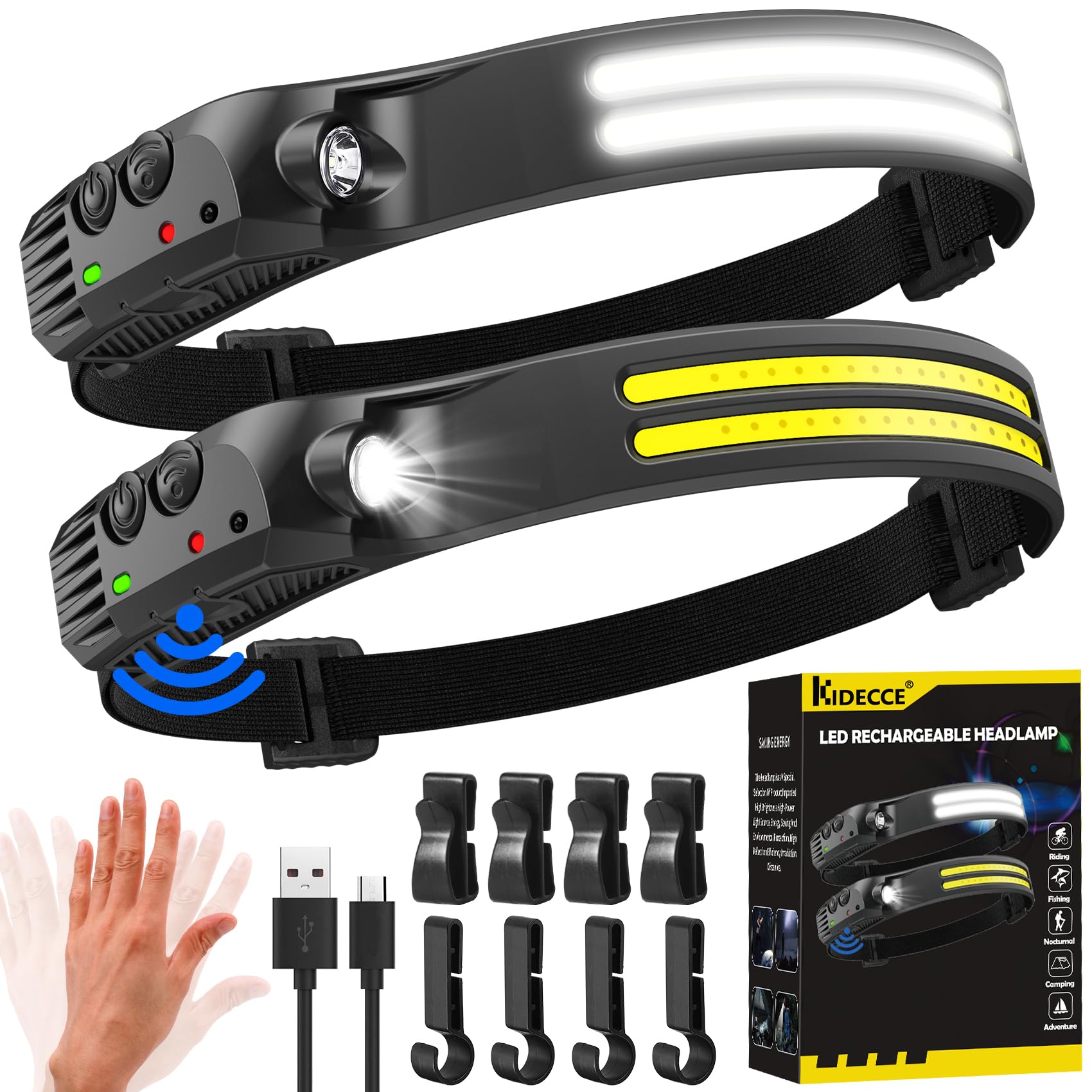Headlamp Rechargeable,2 Pack 230 Wide Beam Head Lamp,2000 Lumen Super Bright LED Headlamp with Motion Sensor,Waterproof 0.14lb L