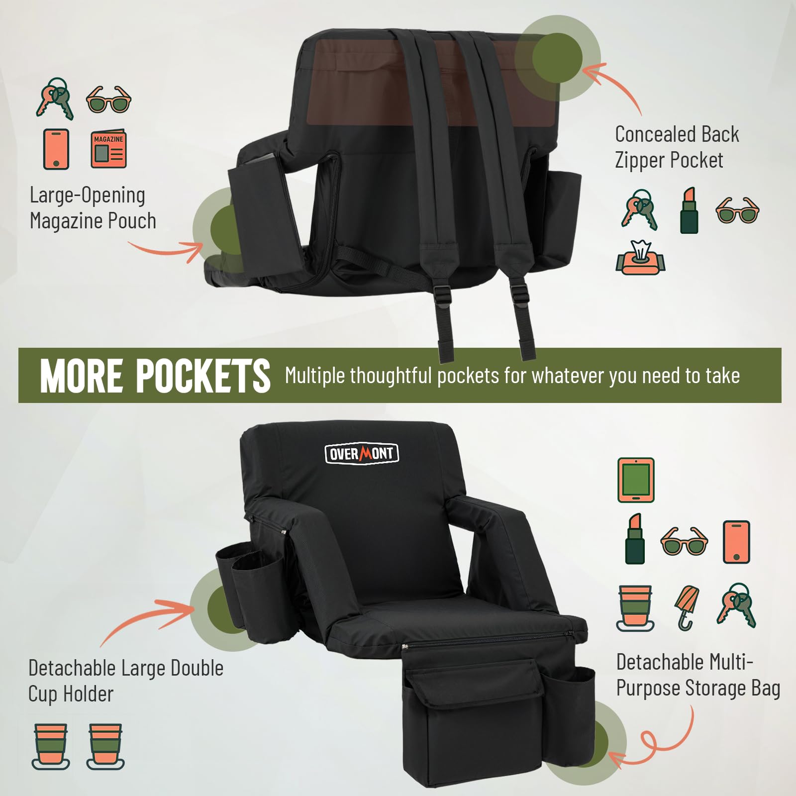Overmont Stadium Seat With Back Support - 6-Position Recliner, Extra Wide Cushion, Dual Hooks, Backpack Straps, And Multiple Poc