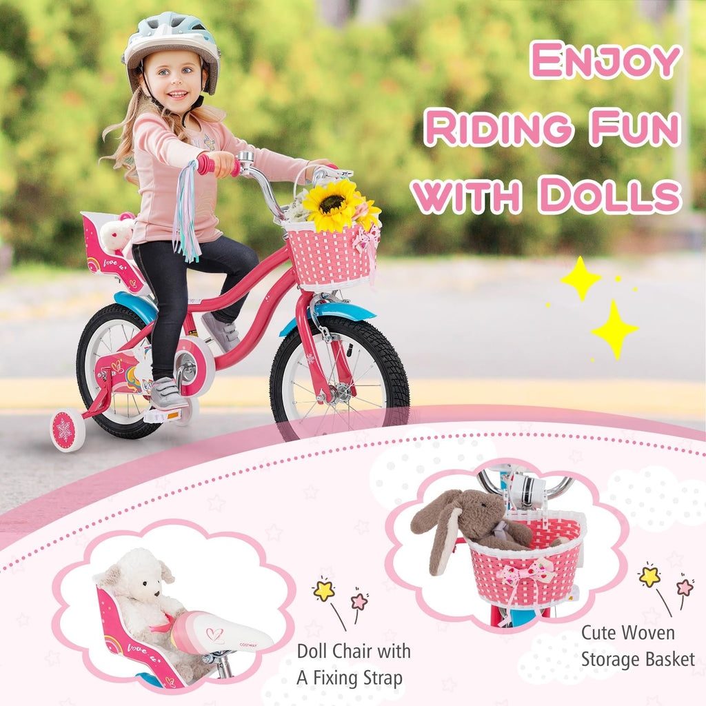 Baby Joy Kids Bike, 14 Inch Children Bicycle W/Basket, Doll Seat, Colorful Streamers, Training Wheels, Adjustable Seat & Handleb