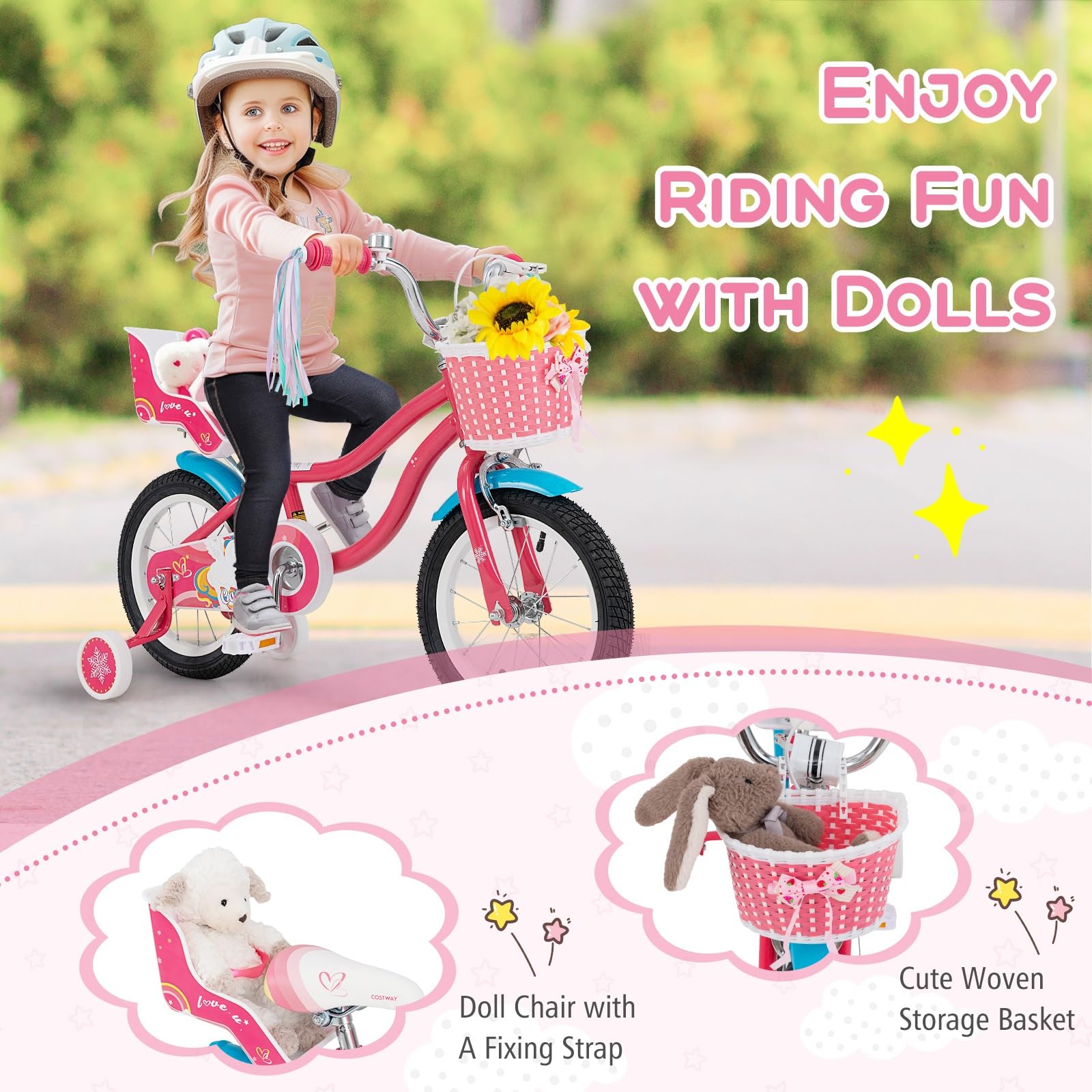 Baby Joy Kids Bike, 14 Inch Children Bicycle W/Basket, Doll Seat, Colorful Streamers, Training Wheels, Adjustable Seat & Handleb