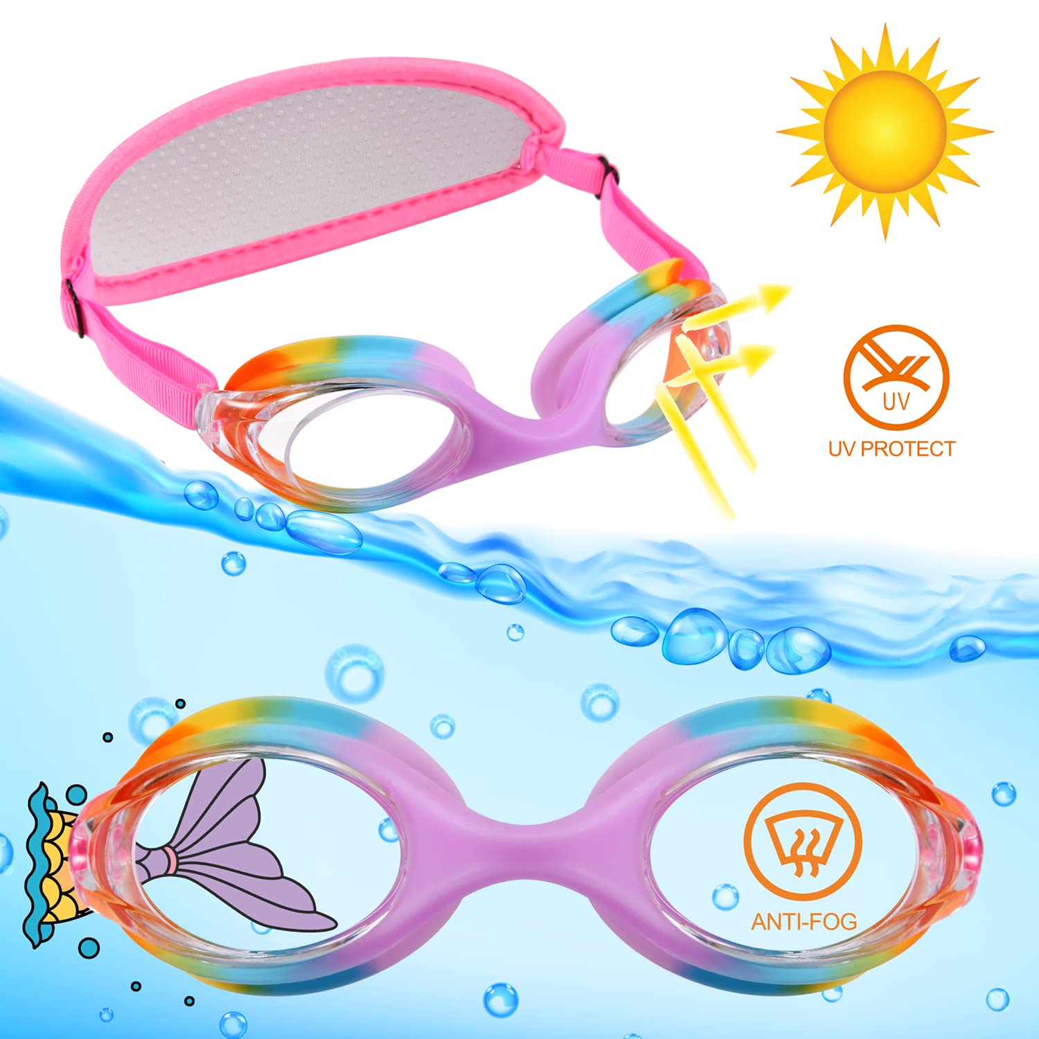 Hydrocomfy Kids Goggles Age 3-8, Toddler Goggles Fabric Strap, Rainbow Mermaid Unicorn Swimming Goggles For Childrens/Youth